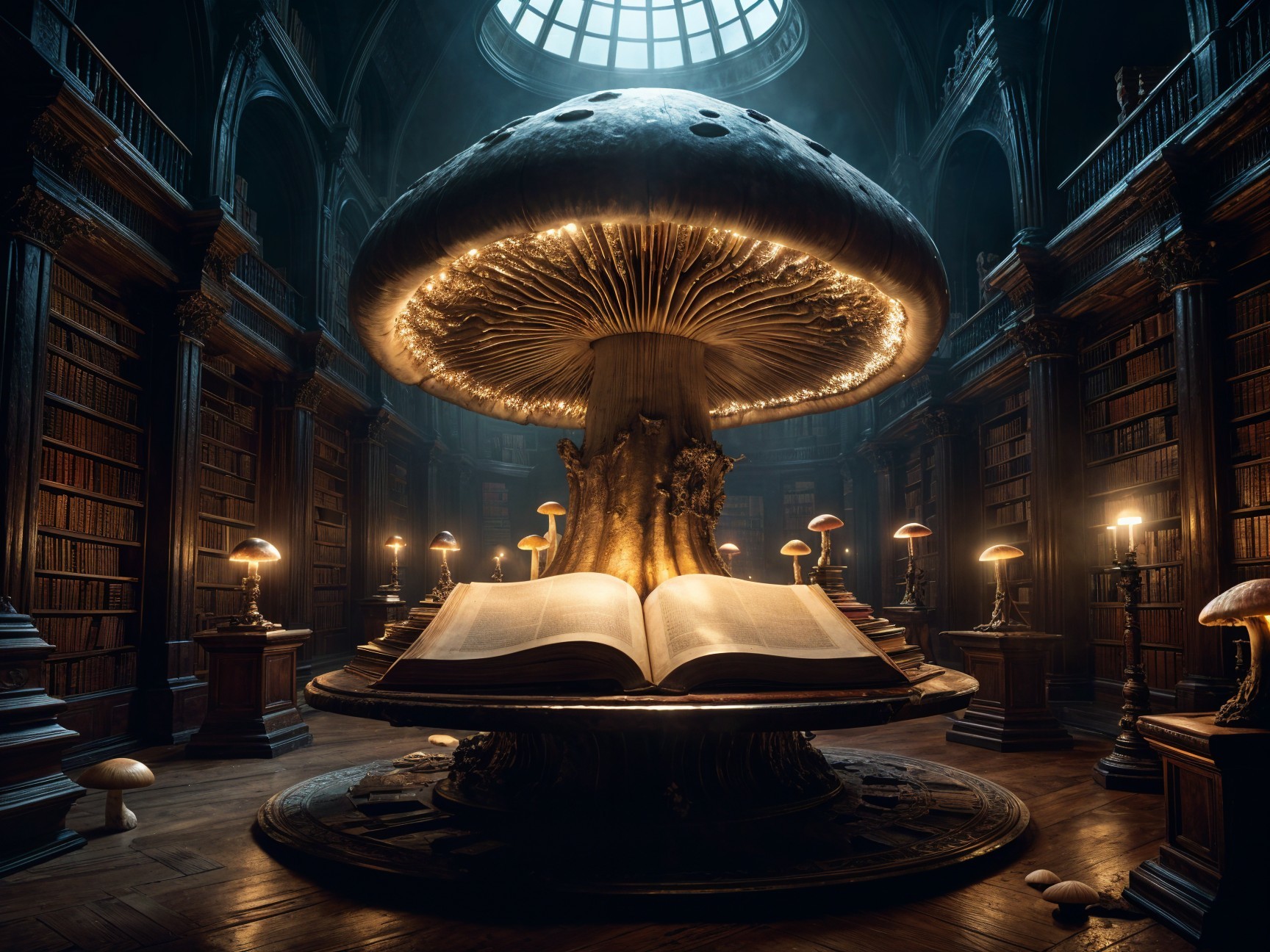 Colossal Mushroom in Enchanted Library Setting