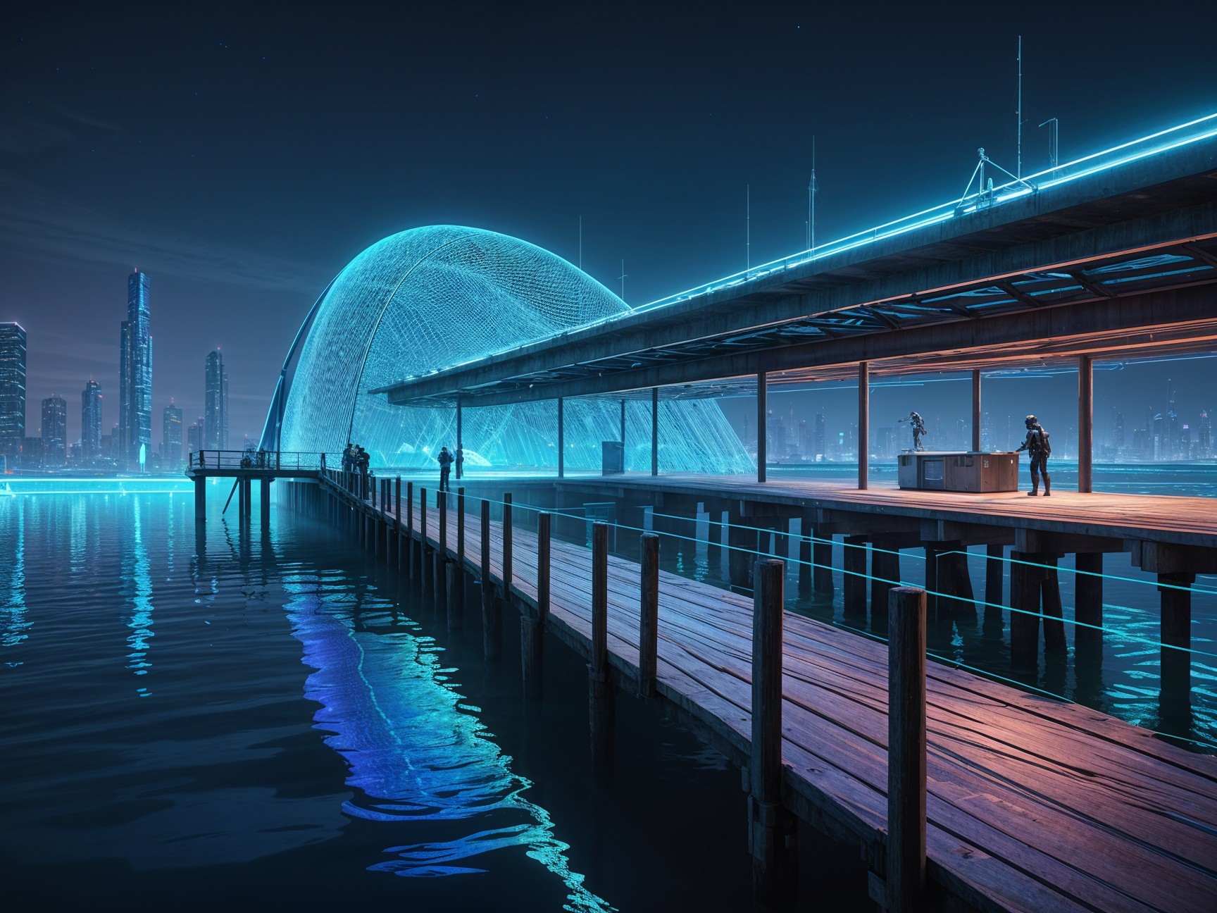 Futuristic Nighttime Waterfront with Neon Lights and Dome
