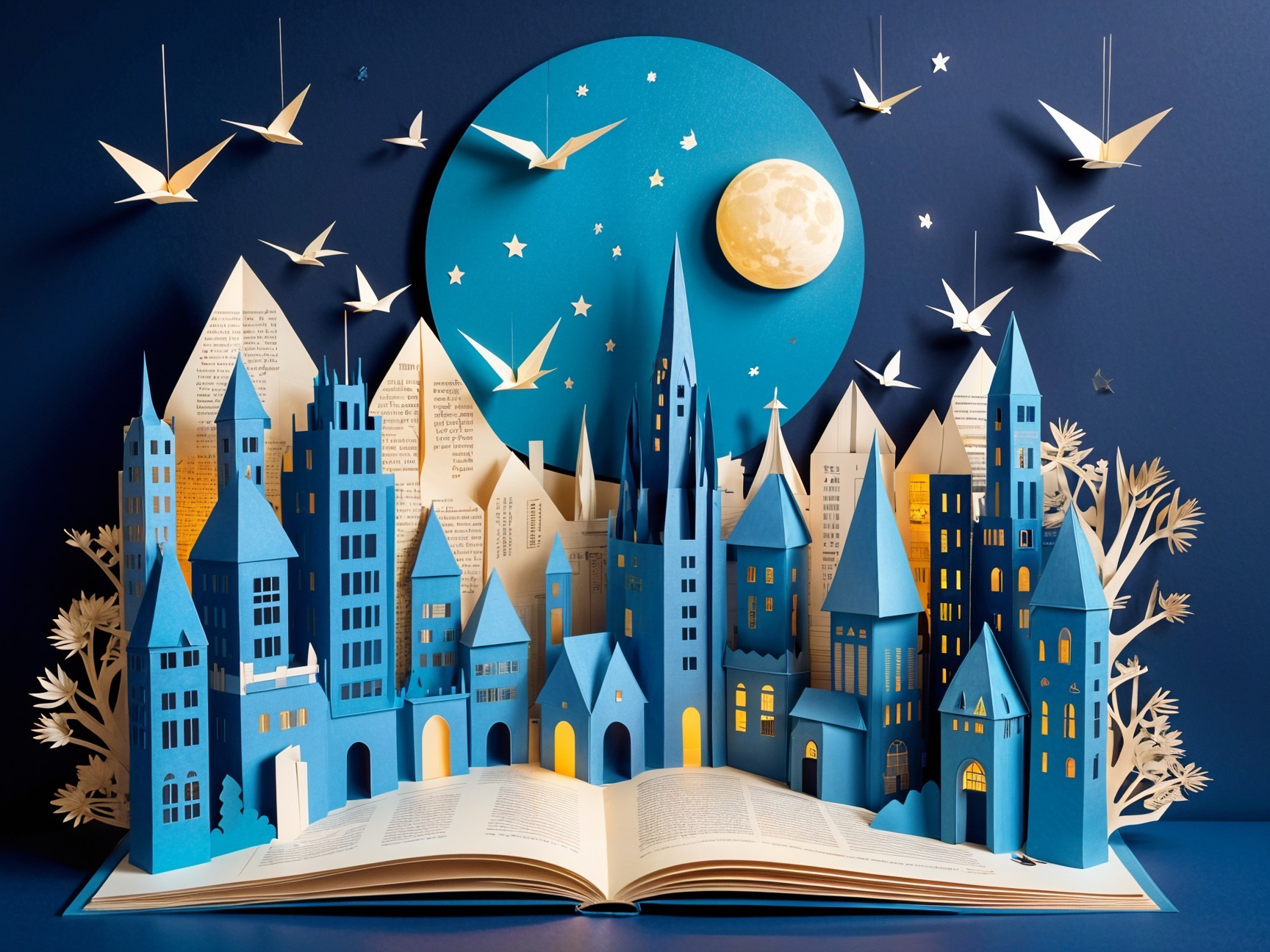 Whimsical Paper Art Cityscape with Snowy Peaks