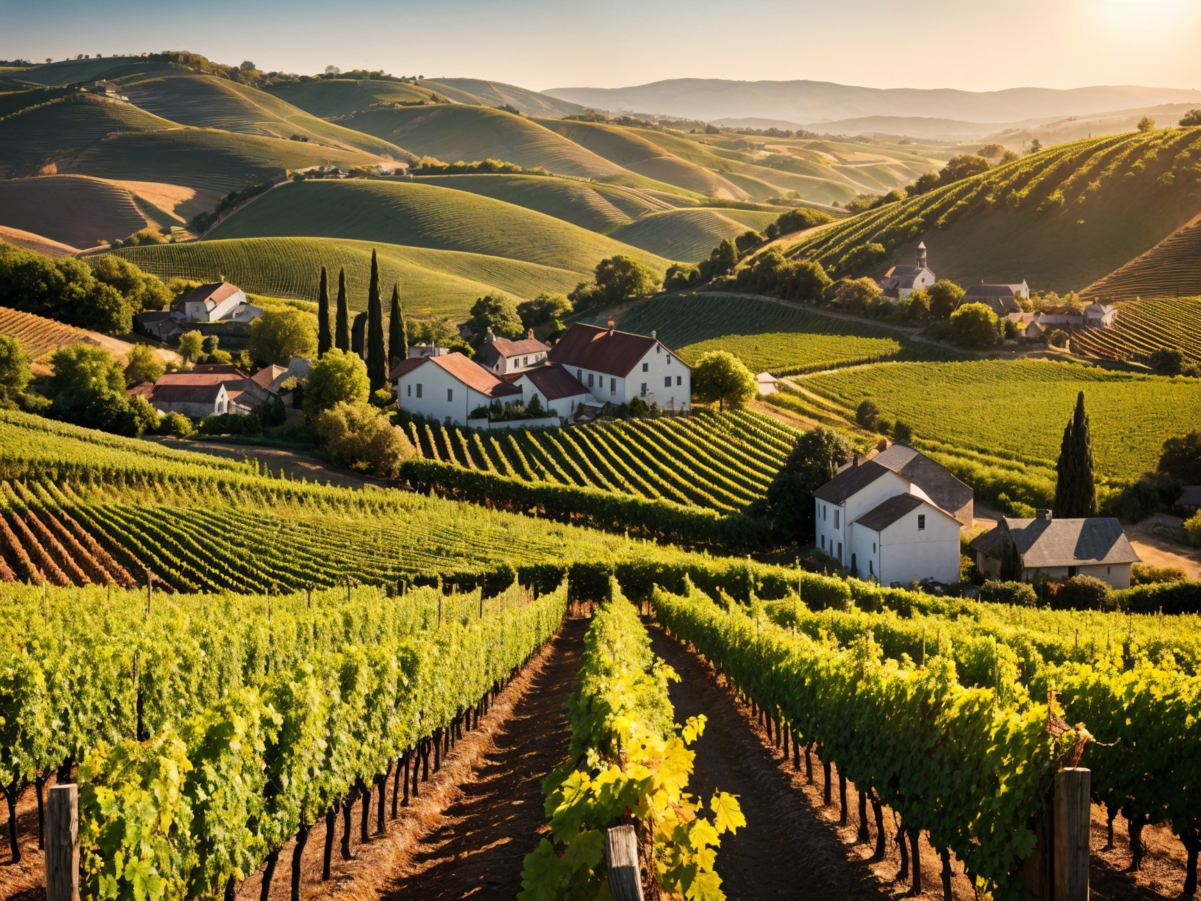 Vibrant Vineyard Landscape at Golden Sunset