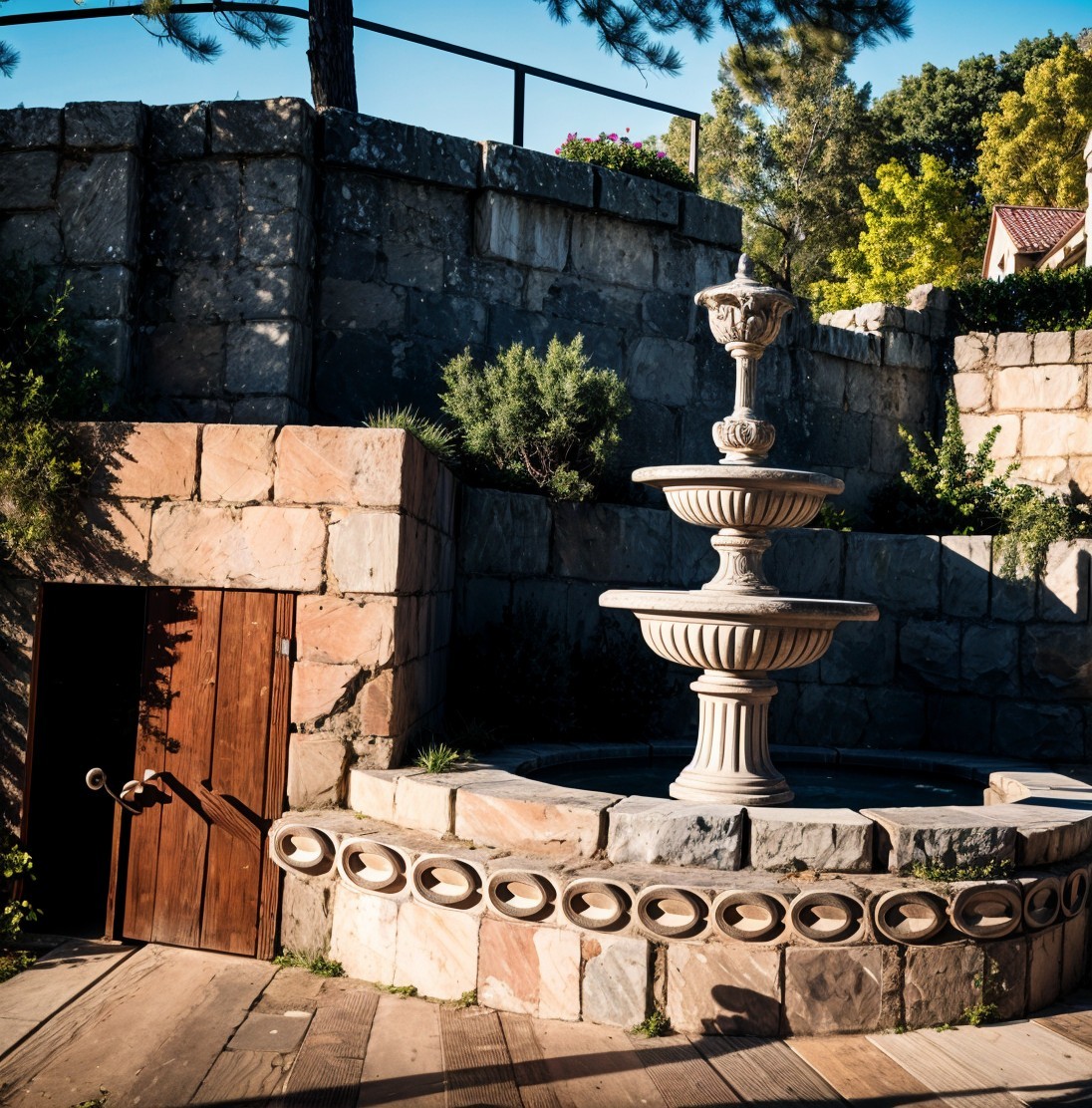 Two-Tier Stone Fountain in Serene Outdoor Setting