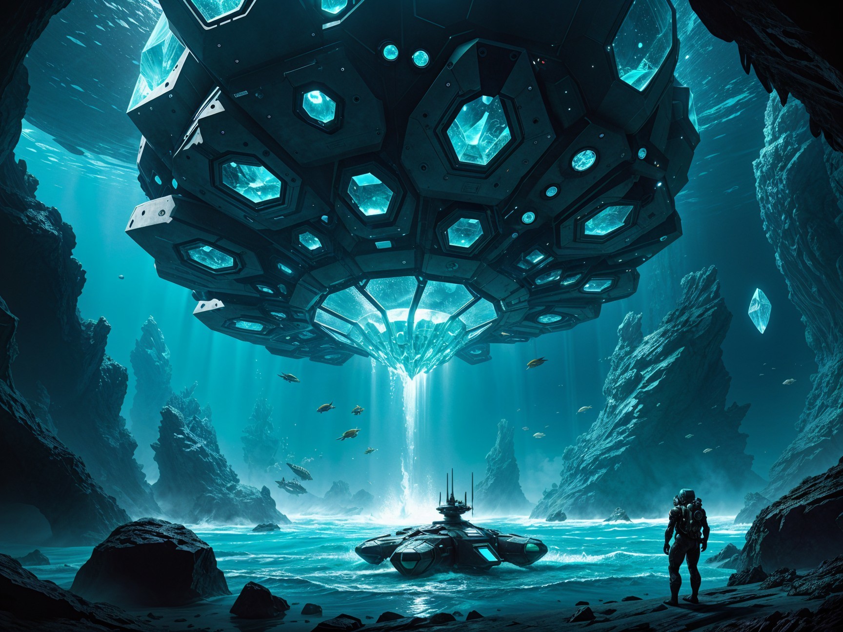 Futuristic Underwater Scene with Hexagonal Spaceship