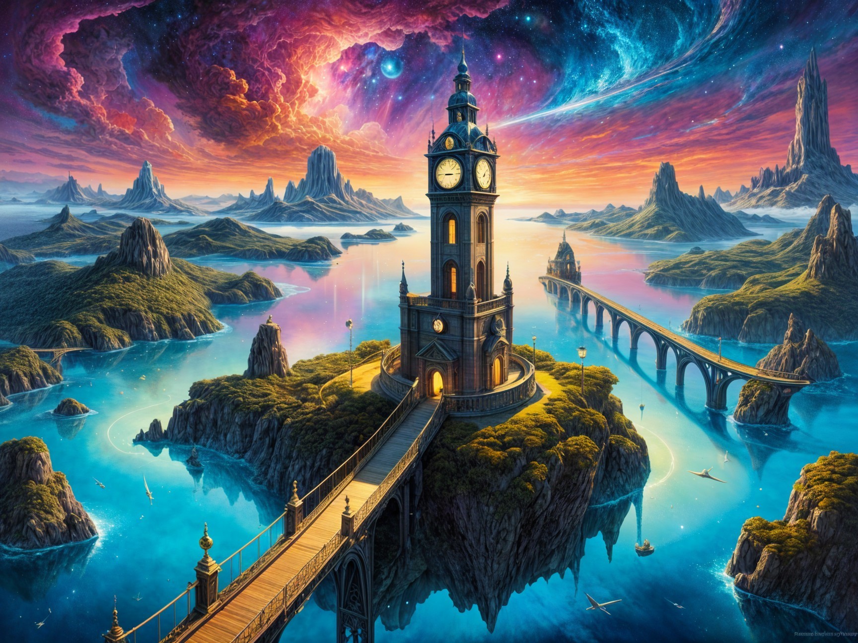 Fantastical Island Landscape with Clock Tower and Bridges