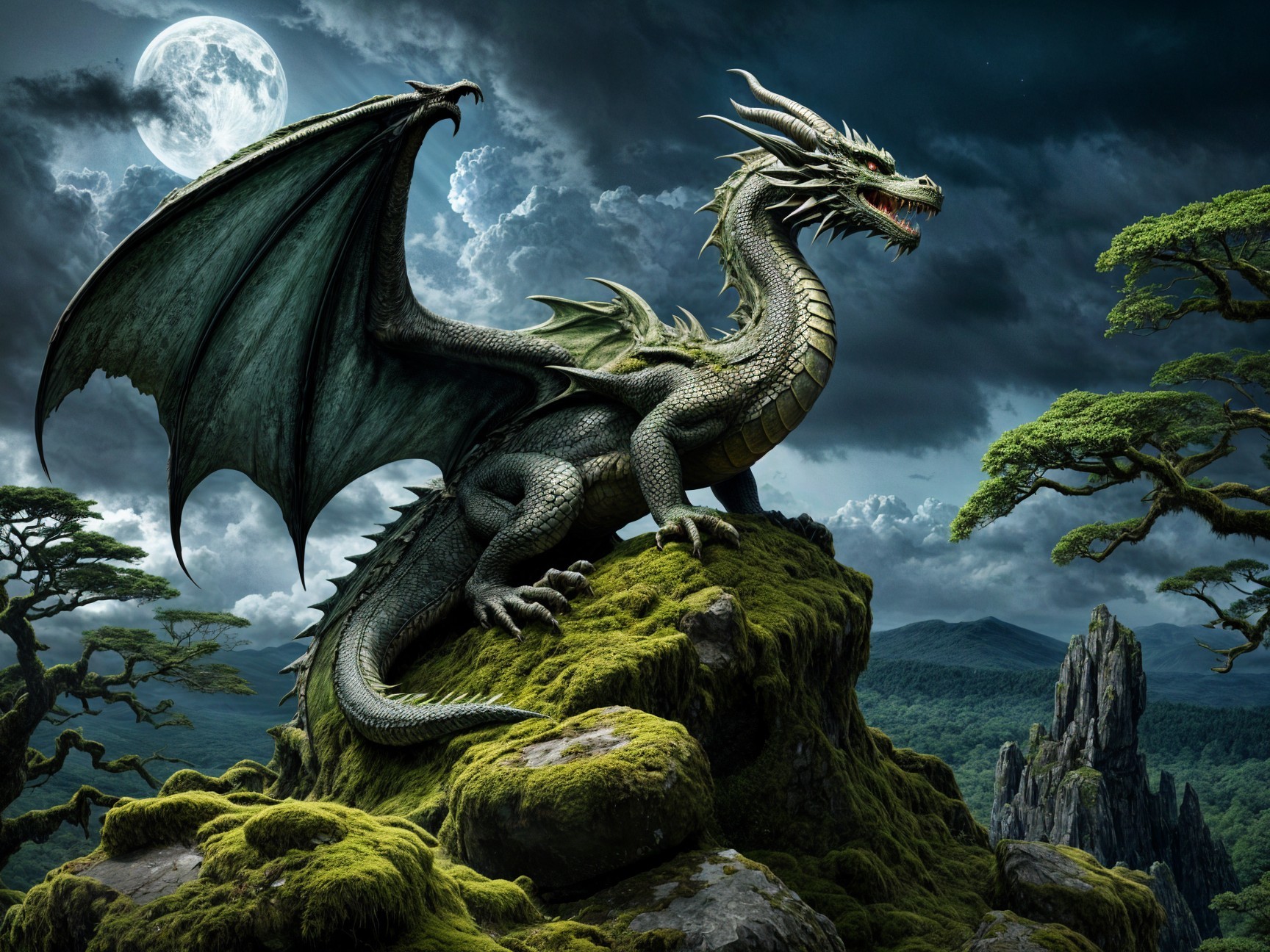 Majestic dragon on rocky outcrop under moonlight