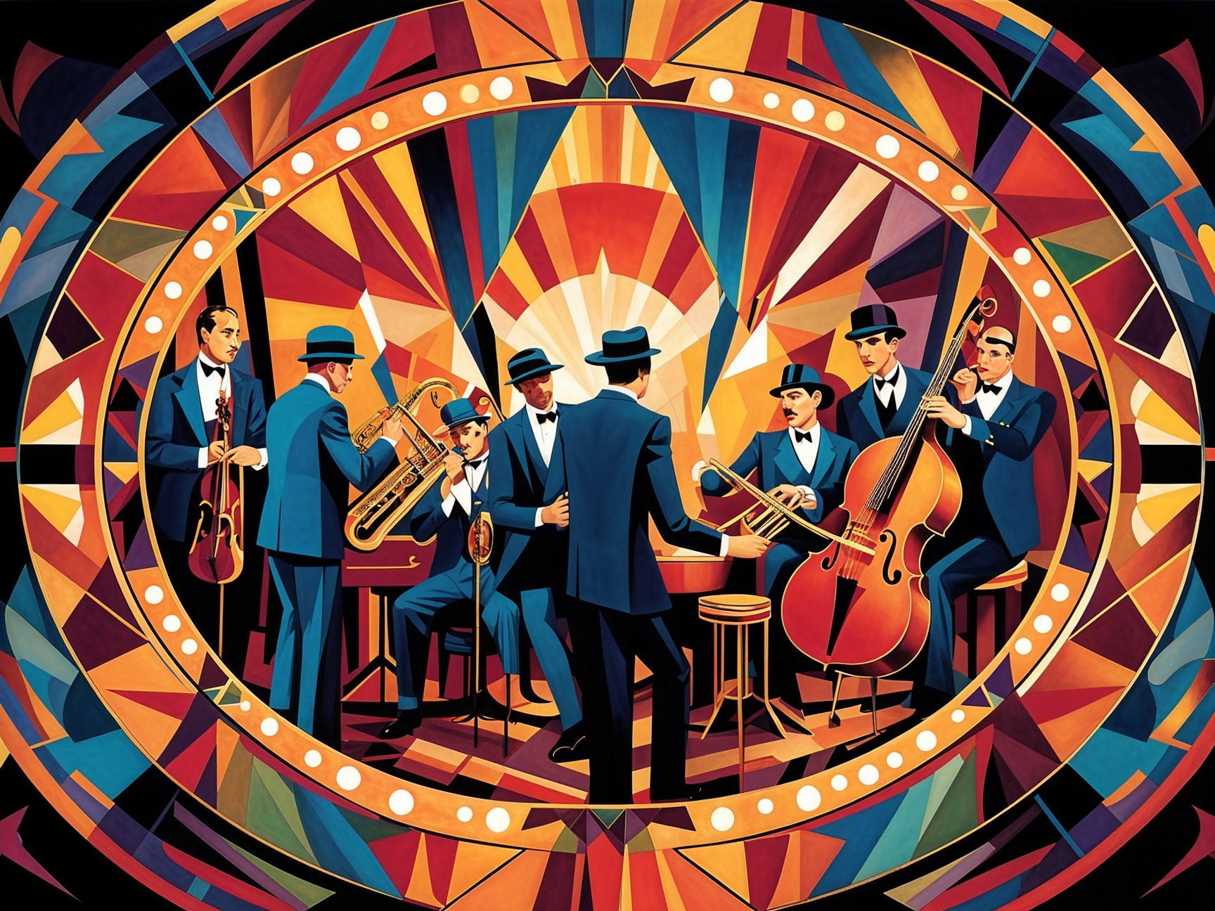 Jazz Band Performance in Colorful Geometric Setting