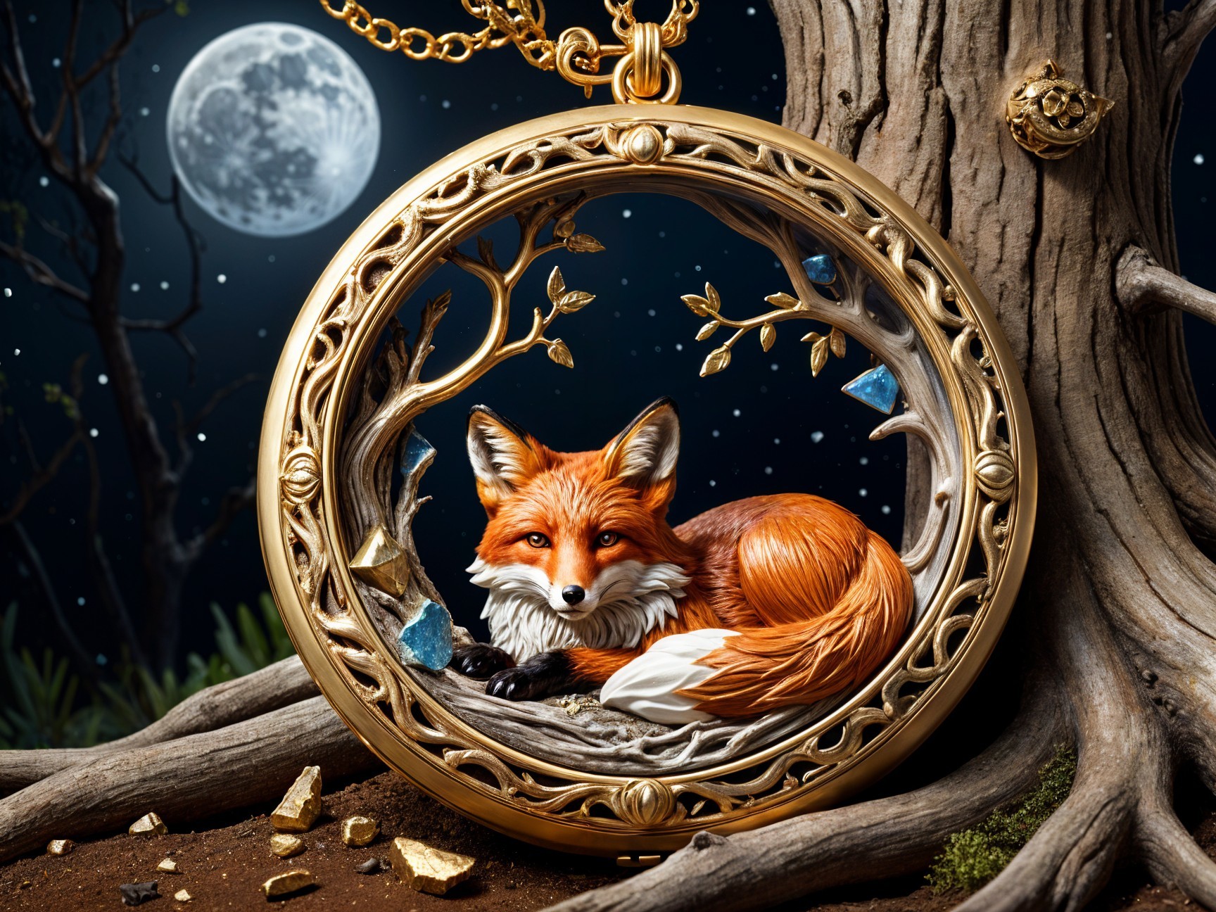 Detailed Fox Pendant in Textured Branch Frame