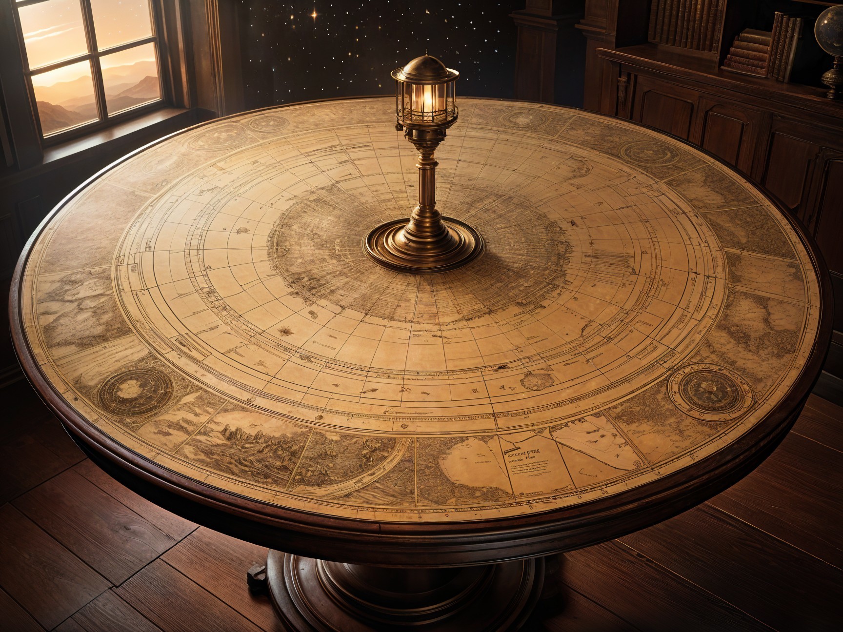 Wooden Table with Celestial Map and Cozy Room Setting