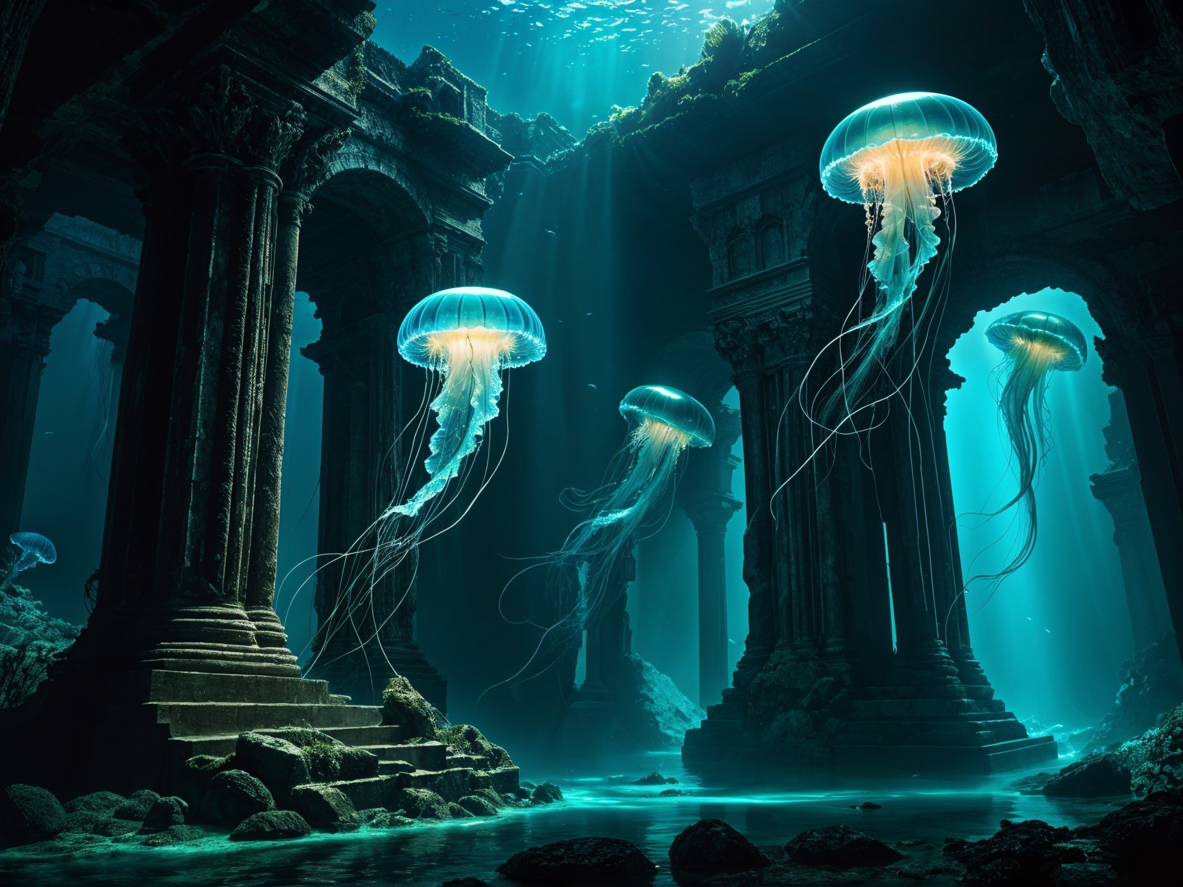 Ancient Underwater Ruins with Ethereal Jellyfish