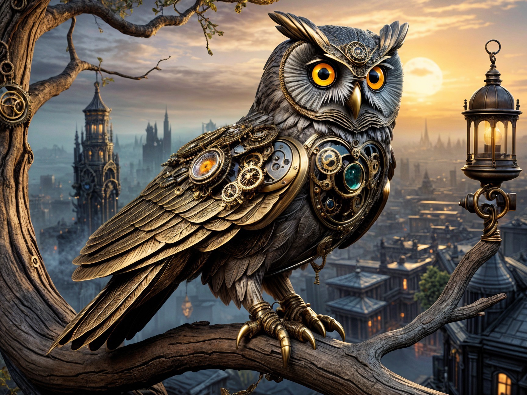 Majestic Owl on Gnarled Branch in Steampunk Cityscape