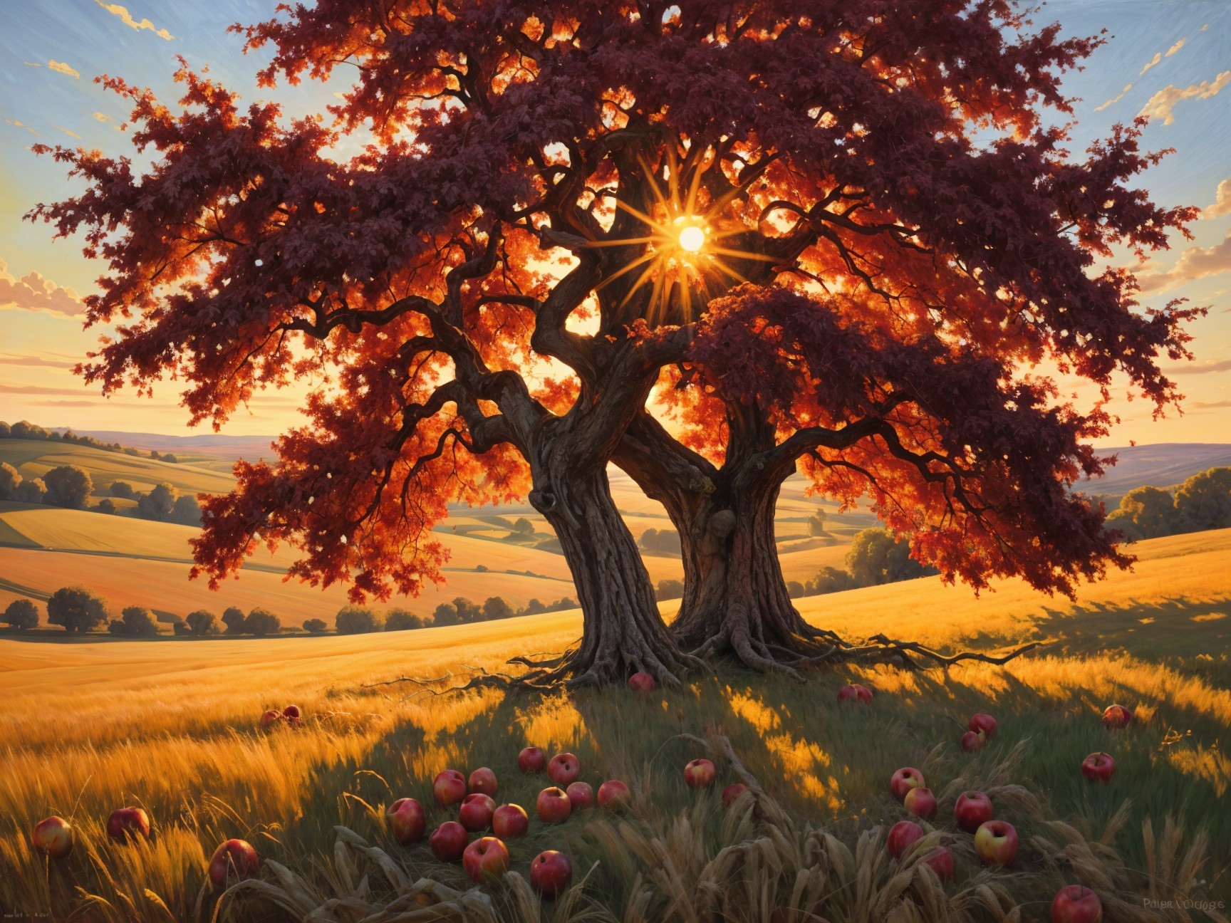 Majestic tree with red leaves at golden sunset