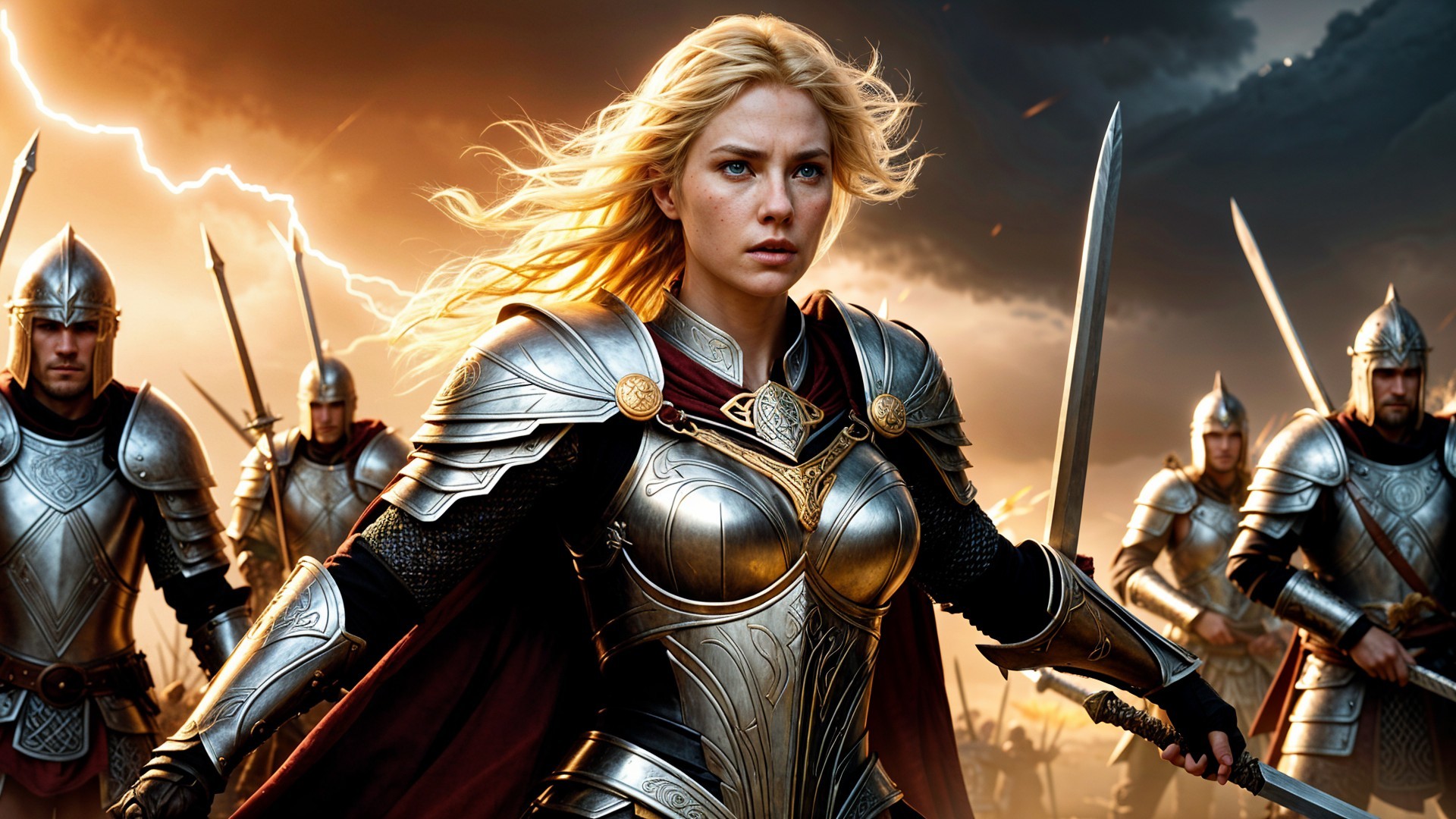 Warrior Woman Leading Armored Knights in Stormy Scene