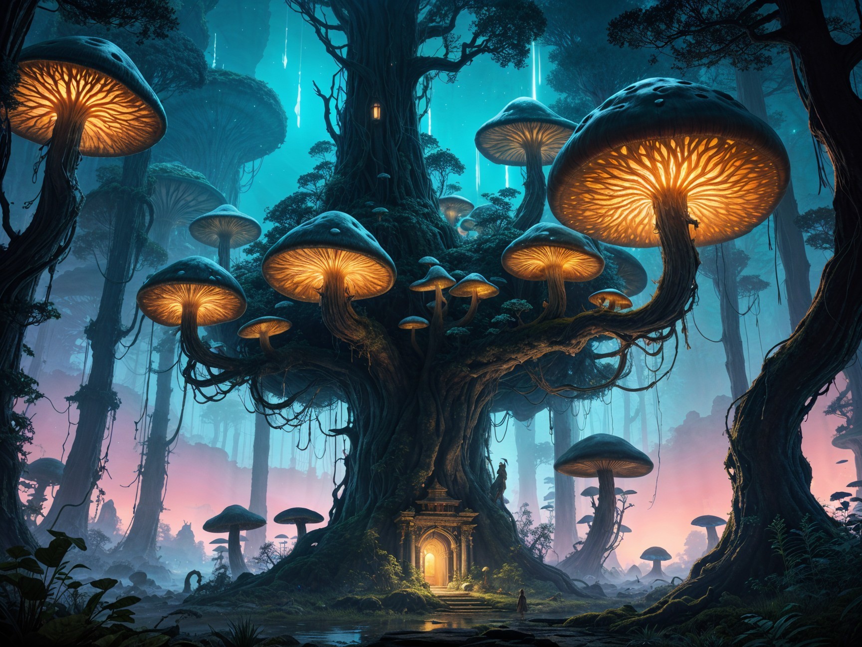 Mystical forest with glowing trees and mushrooms