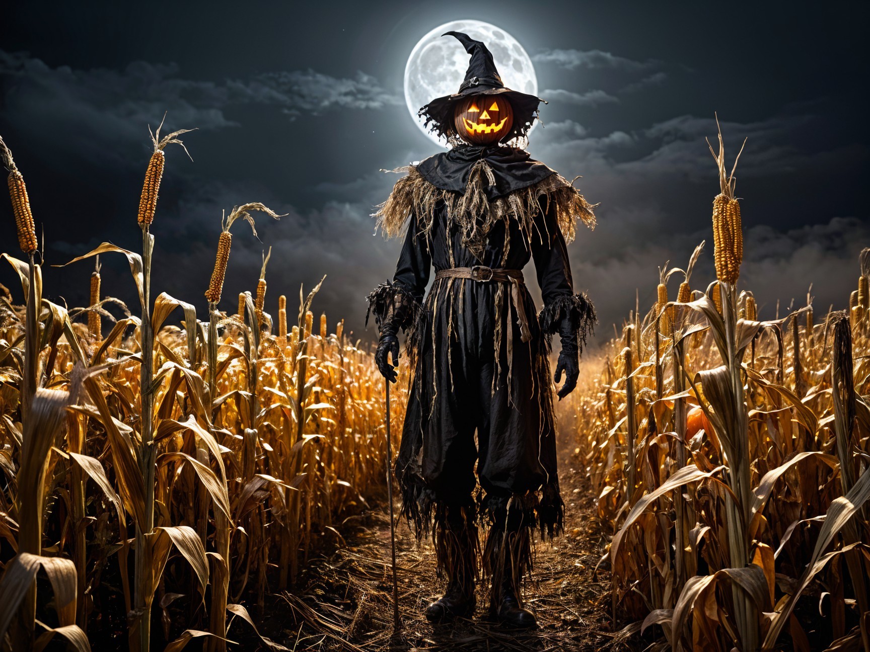 Spooky Scarecrow in a Cornfield Under Full Moon