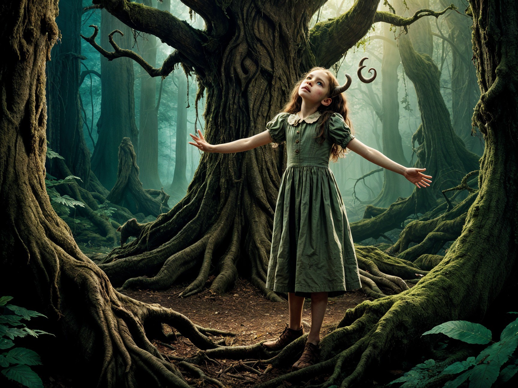 Young girl in a green dress in an enchanting forest