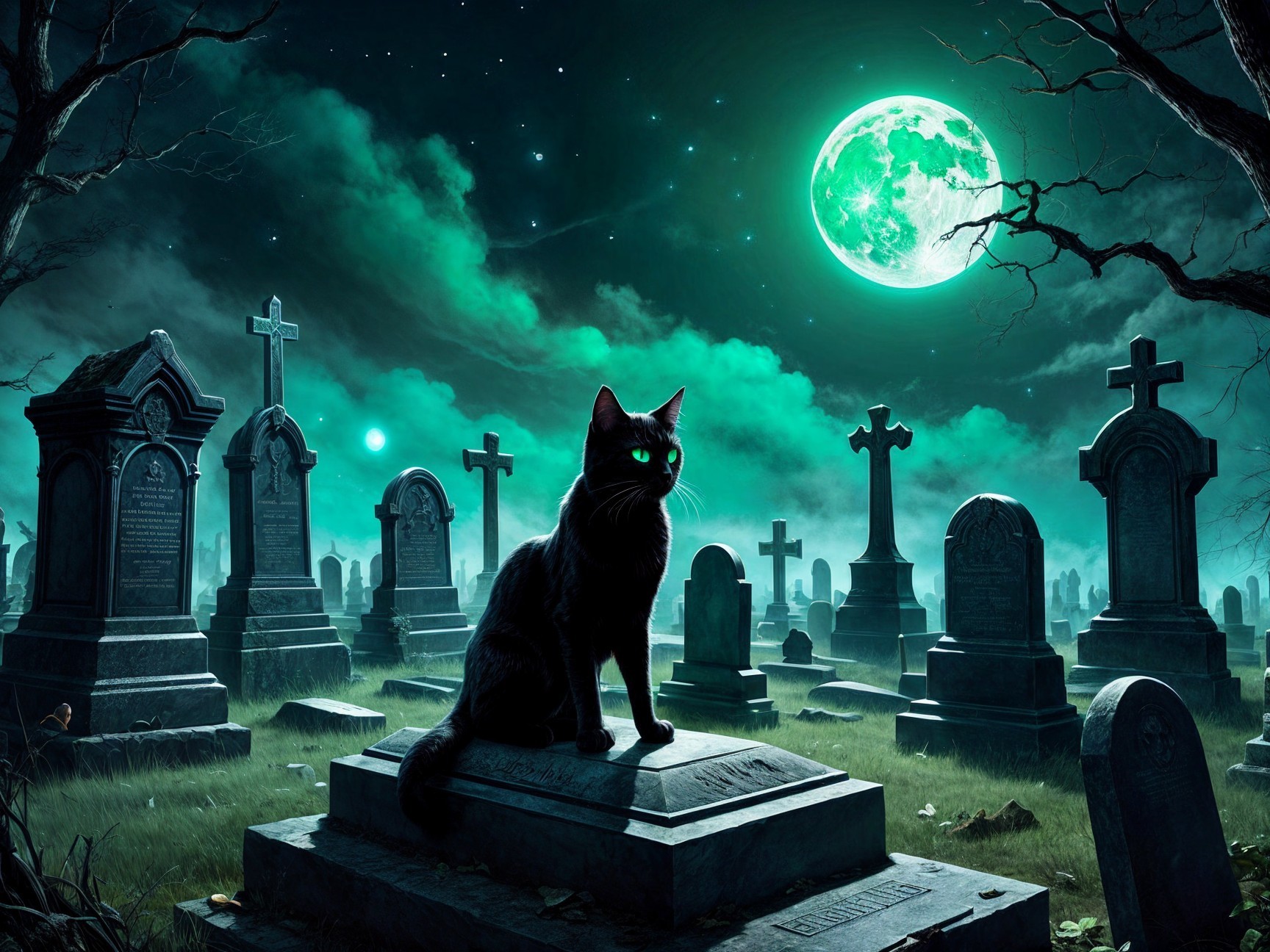 Black Cat on Tombstone in Moonlit Graveyard Scene