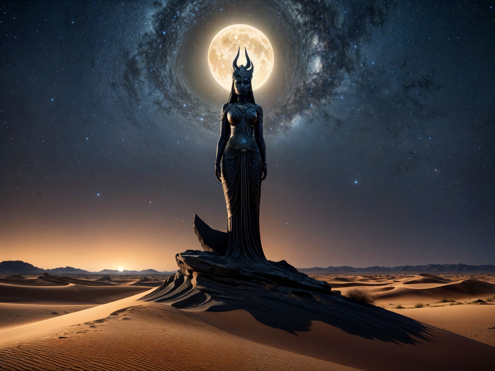 Colossal Goddess Statue in Desert Under Moonlight