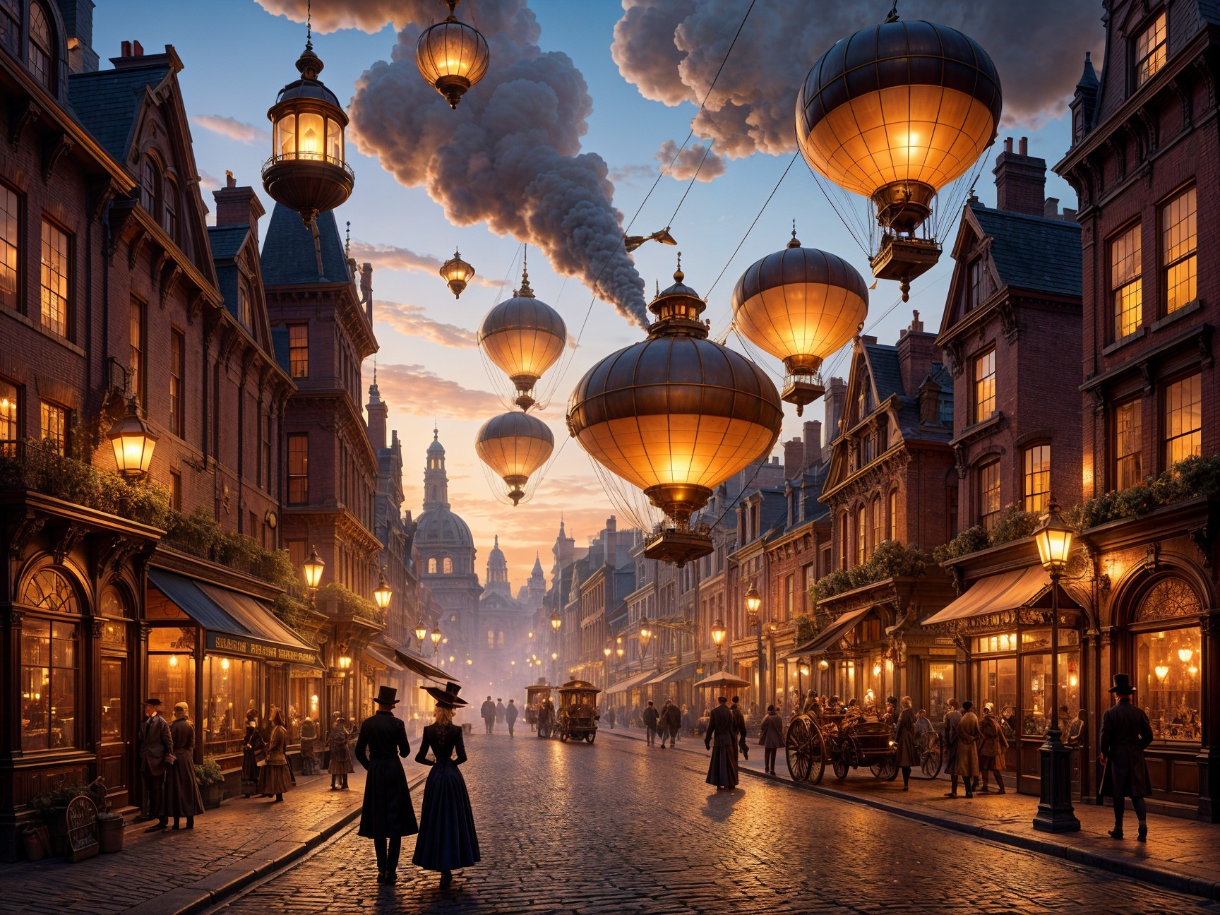 Vintage Steampunk Street Scene with Gas Balloons
