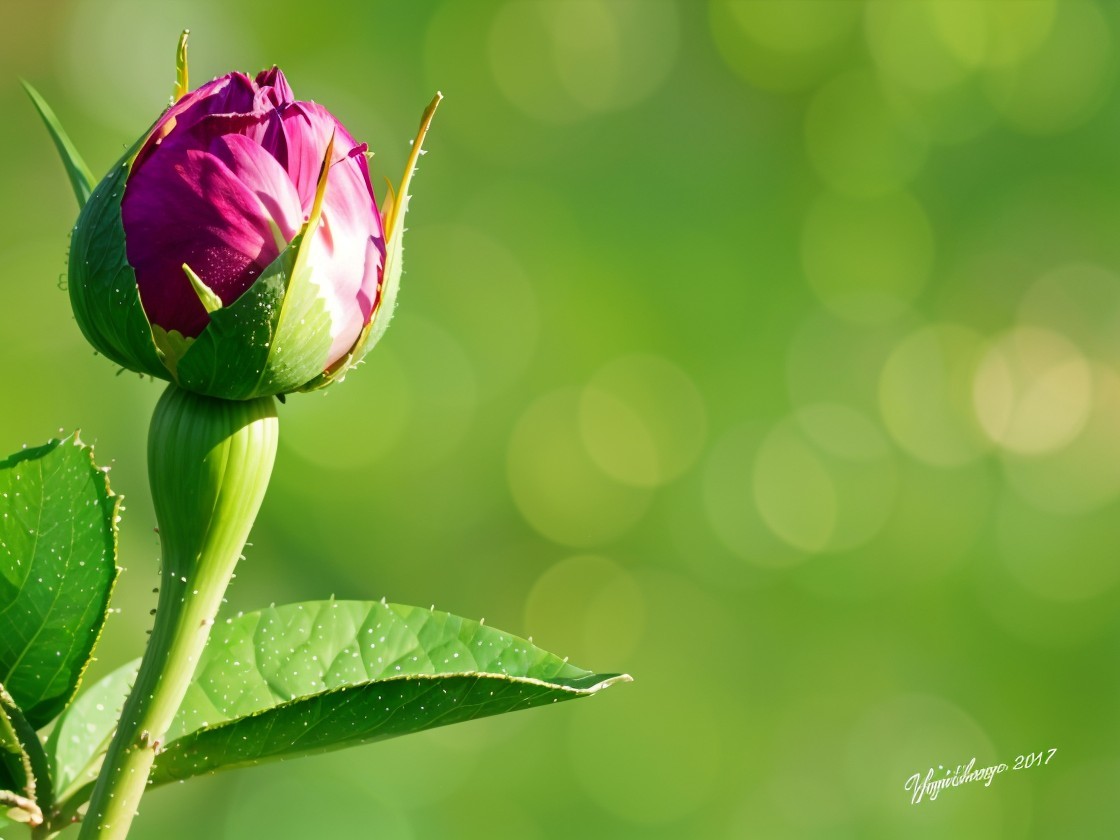 Close-up of a purple rosebud on a green stem