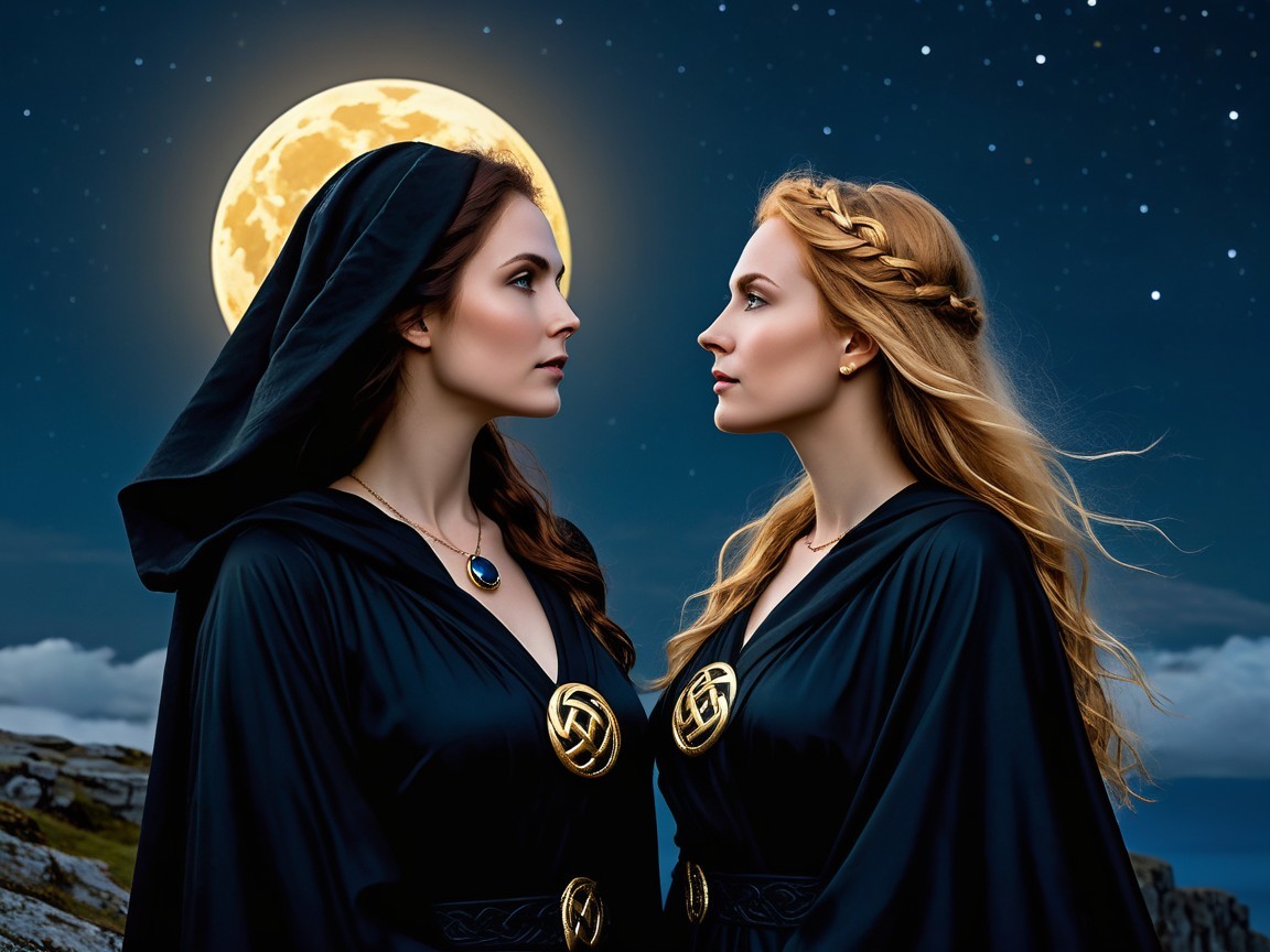 Ethereal Women in Dark Robes Under Full Moon Night Sky