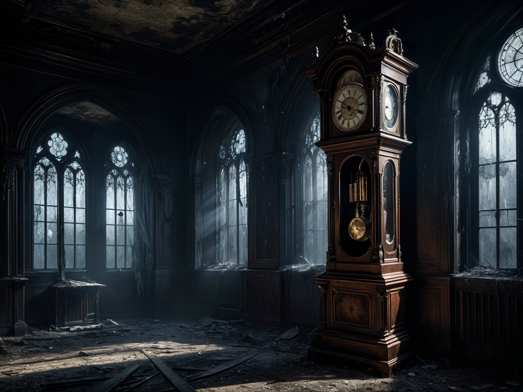 Vintage Grandfather Clock in Abandoned Gothic Room