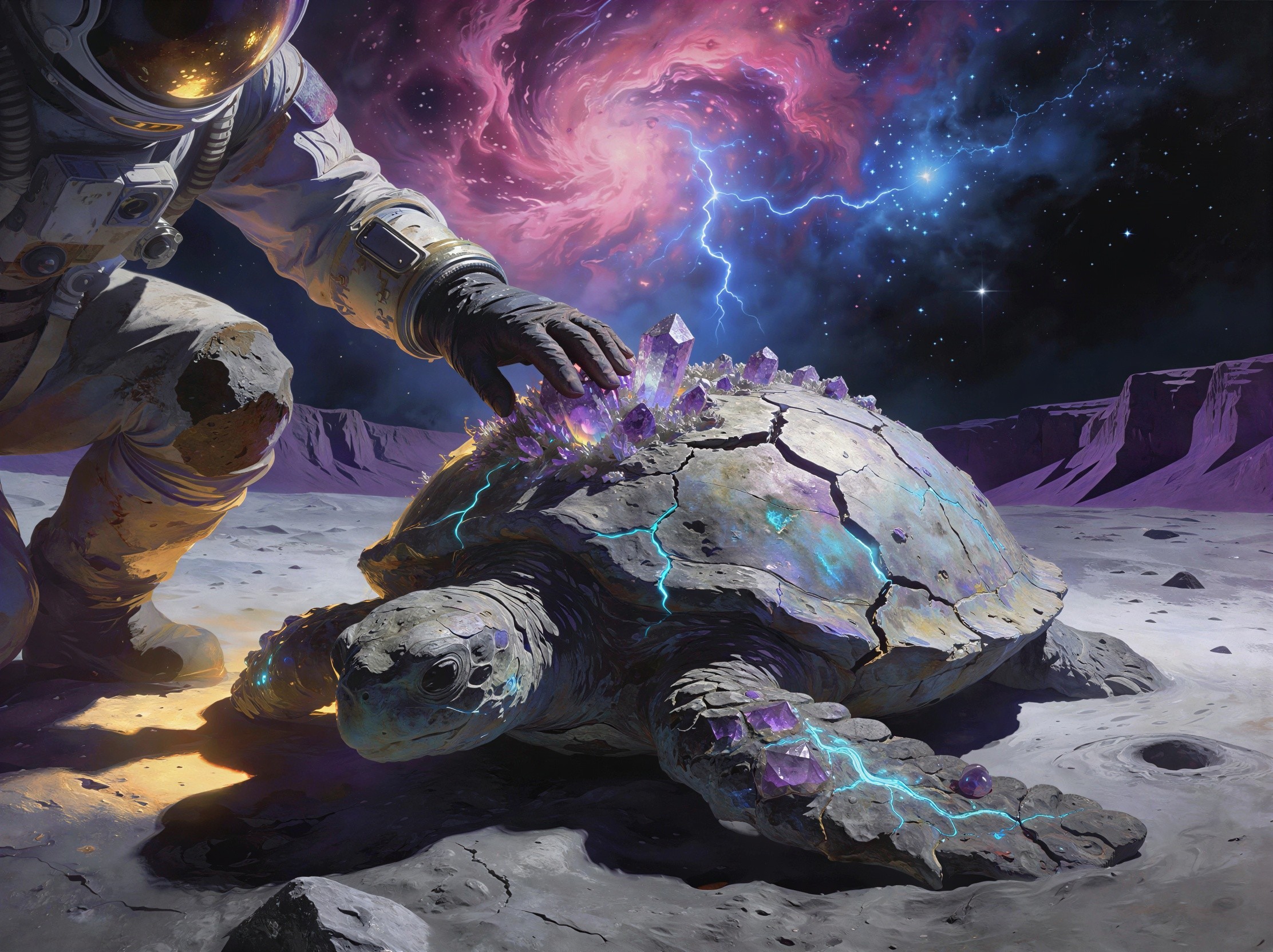 Astronaut and Space Turtle on Alien Planet with Nebula