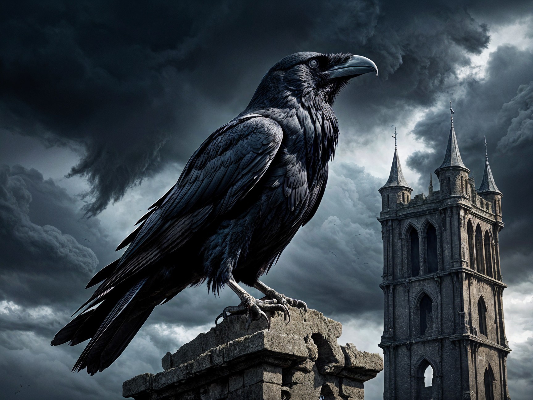 Black Raven on Gothic Tower Under Dramatic Sky