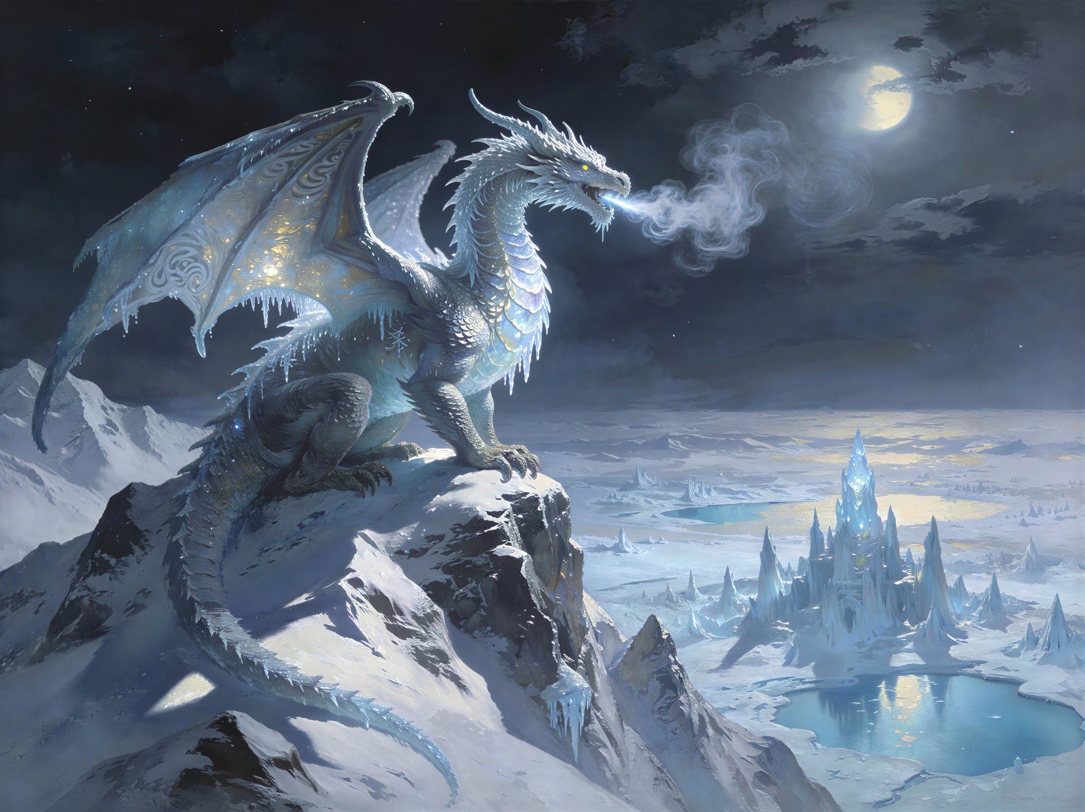 Majestic Ice Dragon on Snowy Mountain Cliff