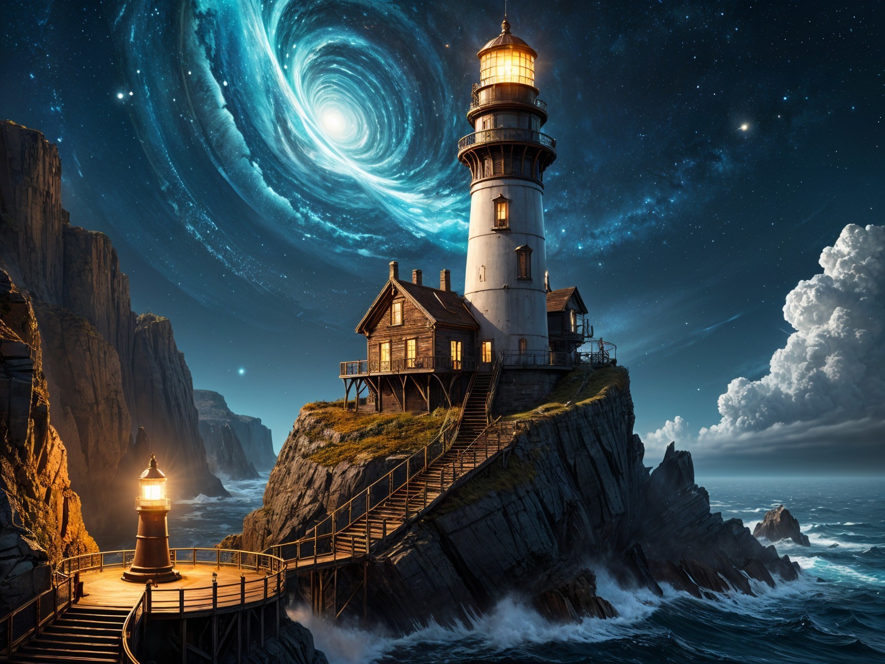 Majestic Lighthouses Against a Cosmic Sky Backdrop