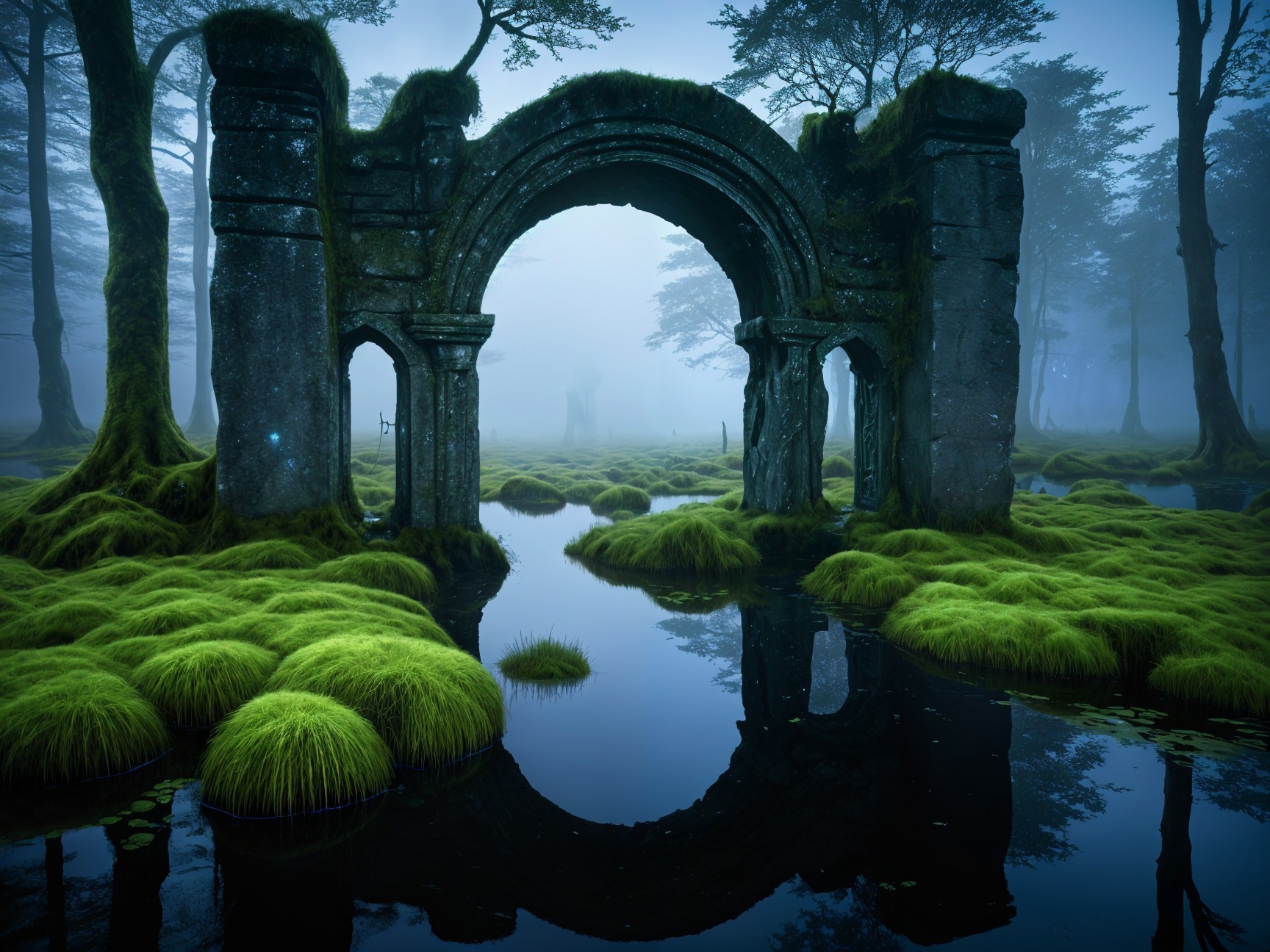 Misty Landscape with Crumbling Stone Archway and Pool