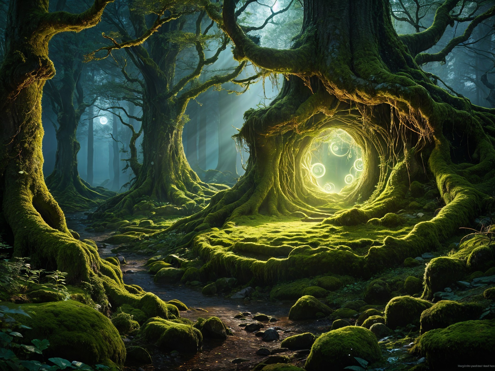 Mystical forest with ancient trees and glowing portal