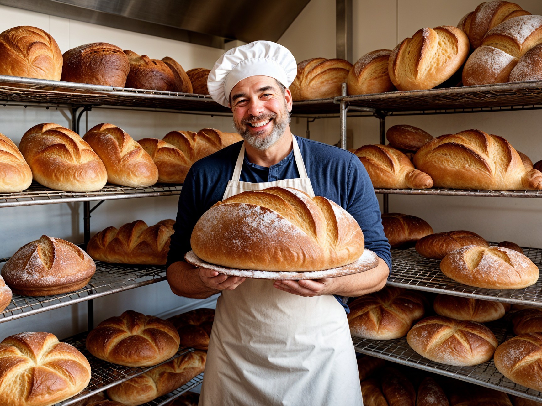 Baker in a Cozy Bakery with Freshly Baked Bread