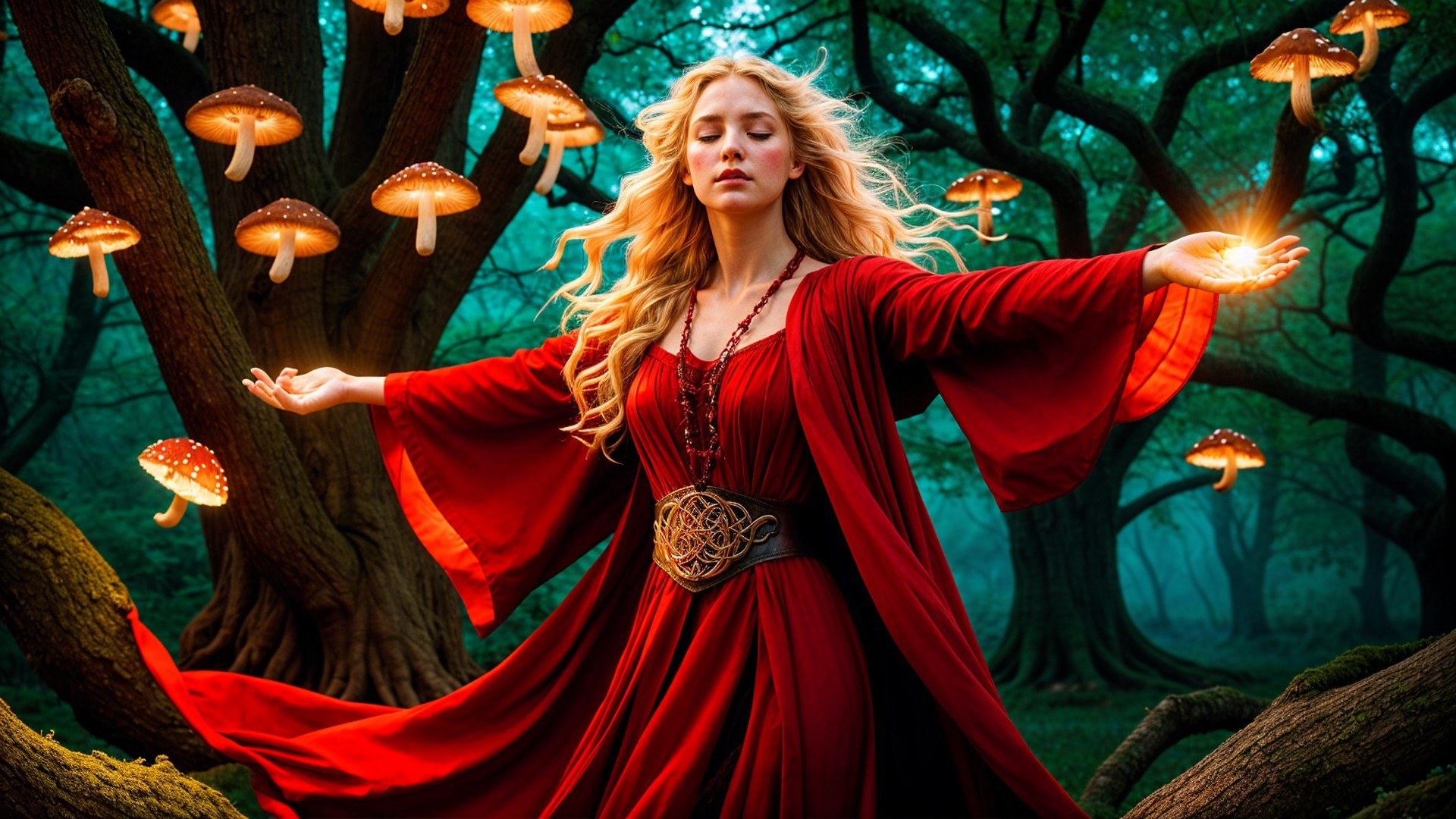 Mystical forest scene with a woman in red gown