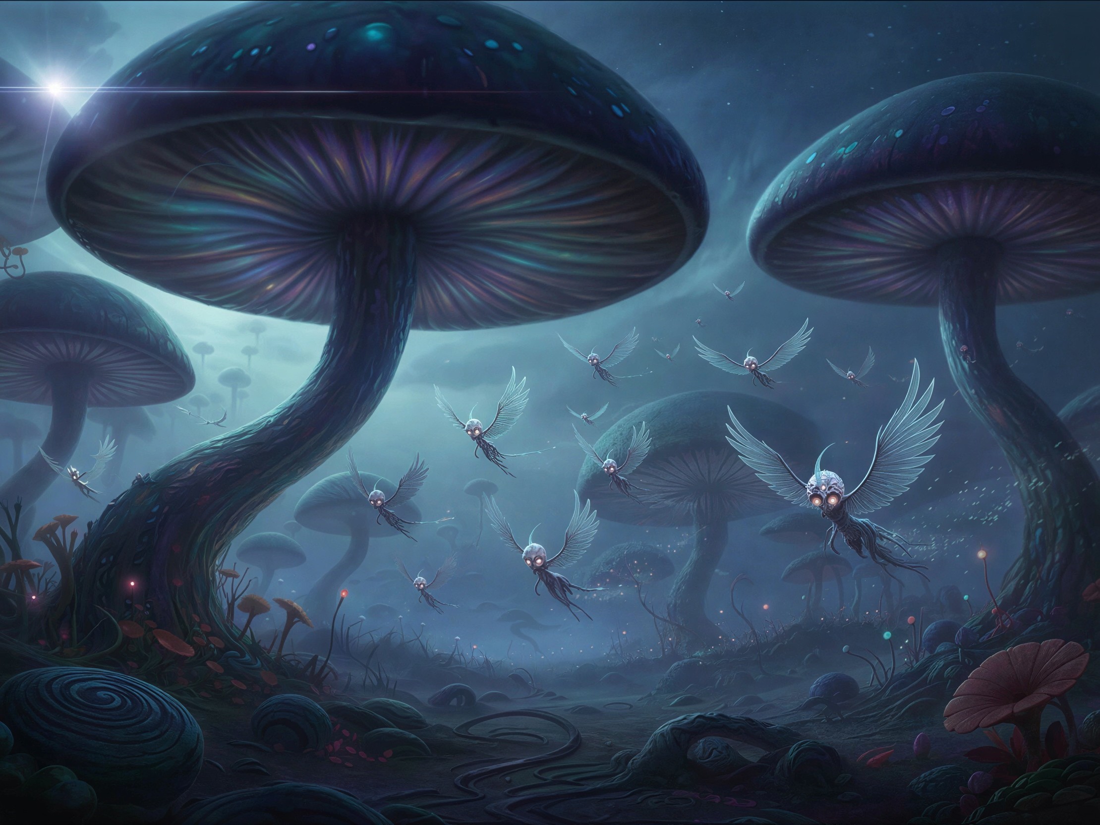 Digital painting of a bioluminescent mushroom forest