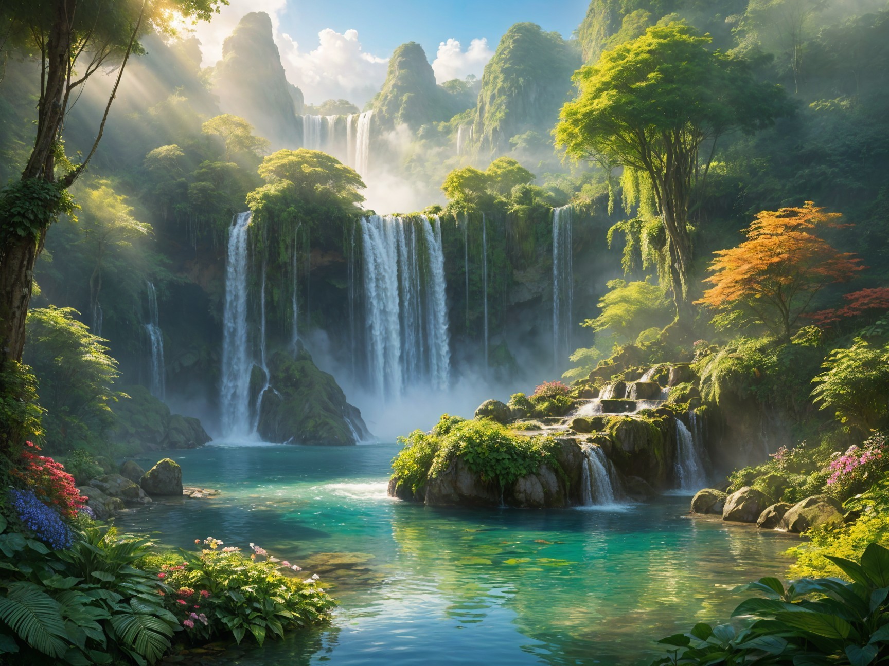 Cascading Waterfalls in a Lush Green Landscape