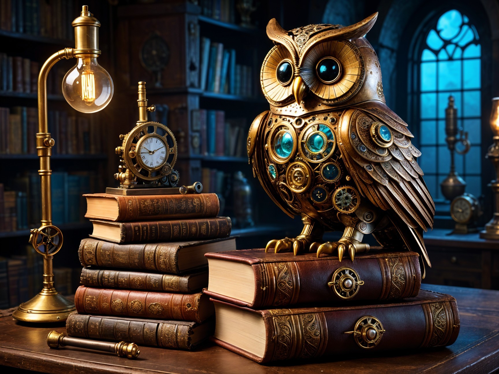 Steampunk Owl in a Cozy Library Setting
