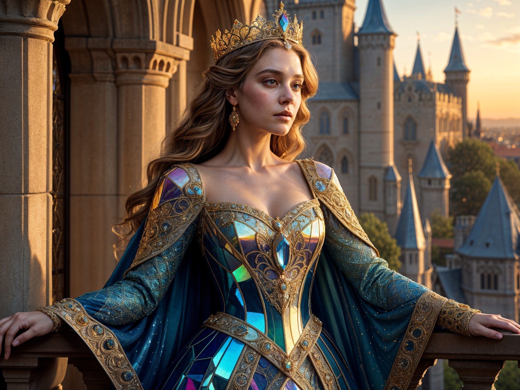 Regal Figure on Balcony in Elegant Gown and Castle