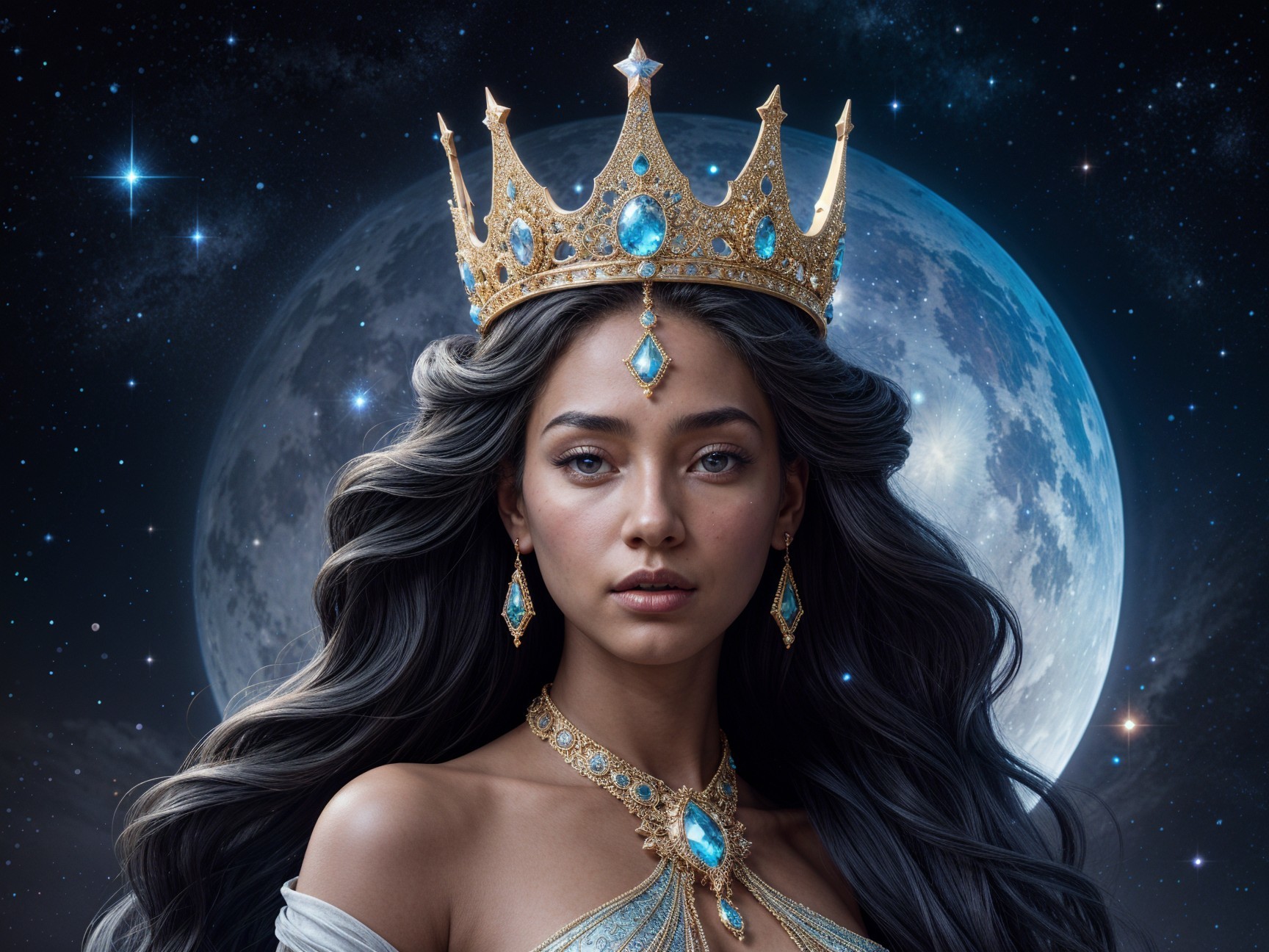 Regal figure with golden crown under starry night sky