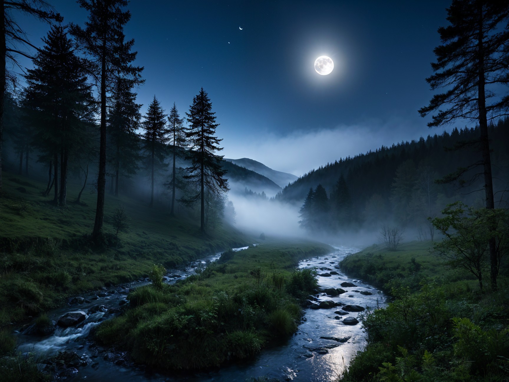 Serene Nighttime Landscape with River and Moonlight