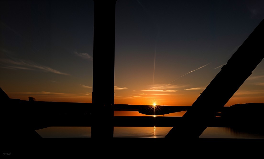 Sunset Over Water Framed by Bridge Silhouettes