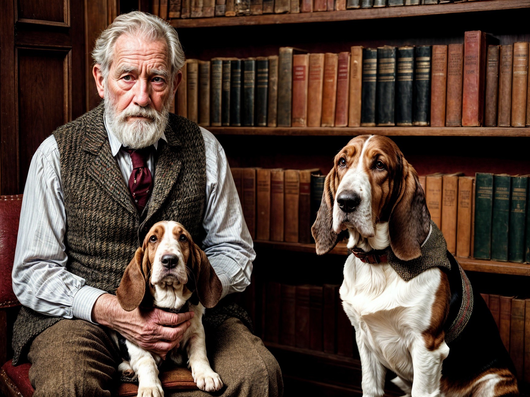 Elderly man with dogs in a cozy library setting