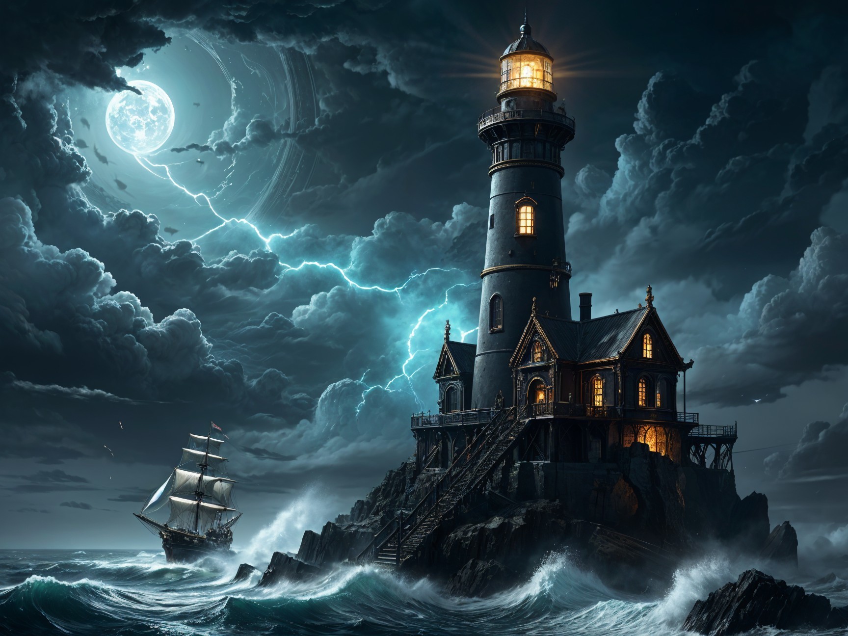 Lighthouse on Rocky Shore Amidst Stormy Sea Scene