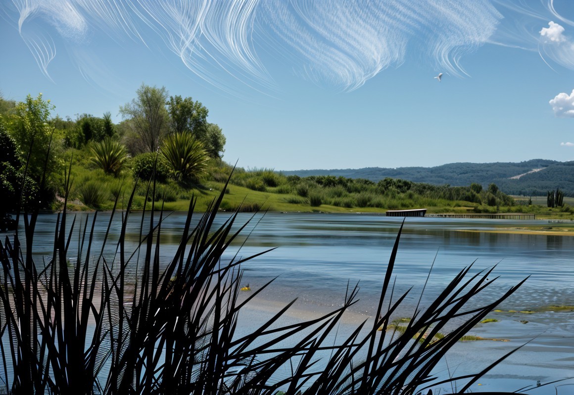 Serene landscape with calm lake and lush greenery