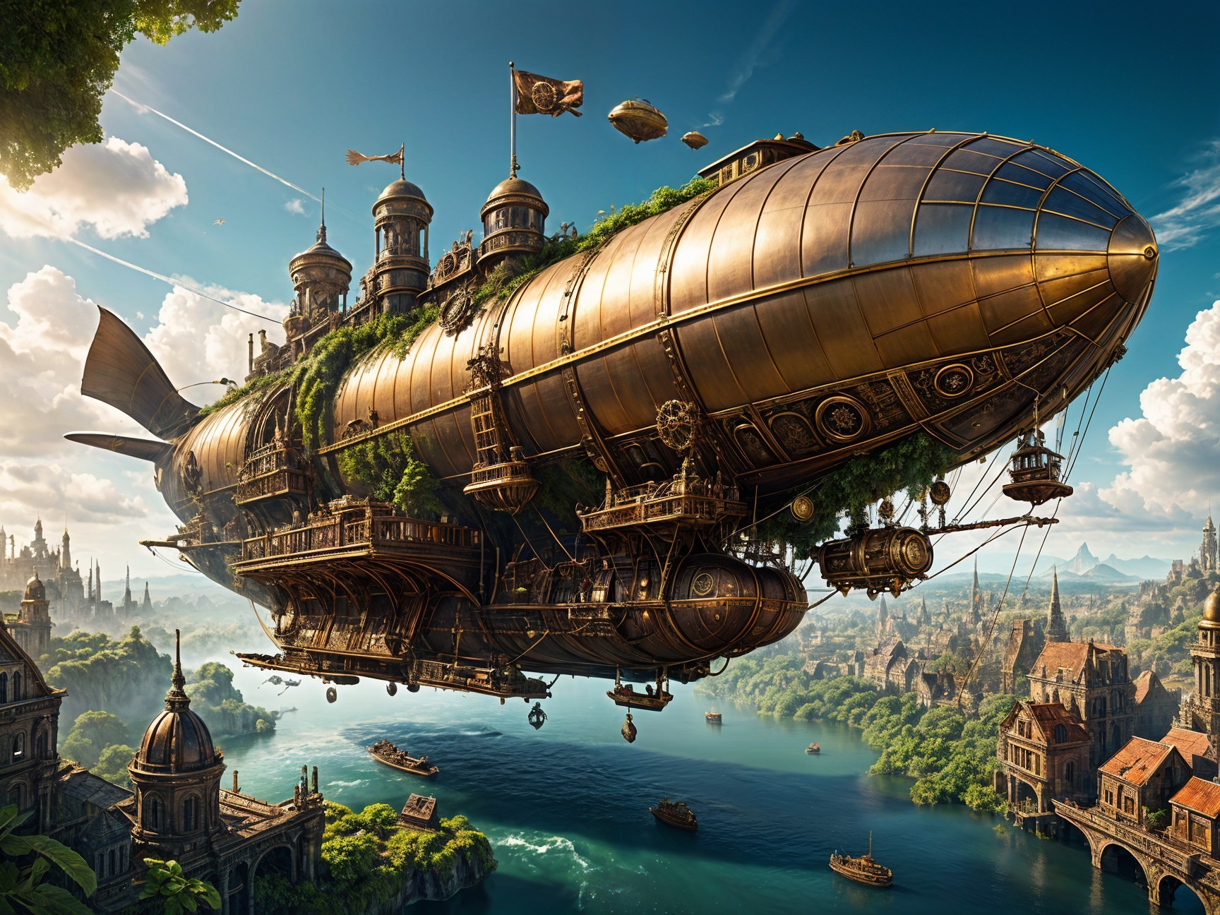 Steampunk Airship Over Scenic Landscape and City