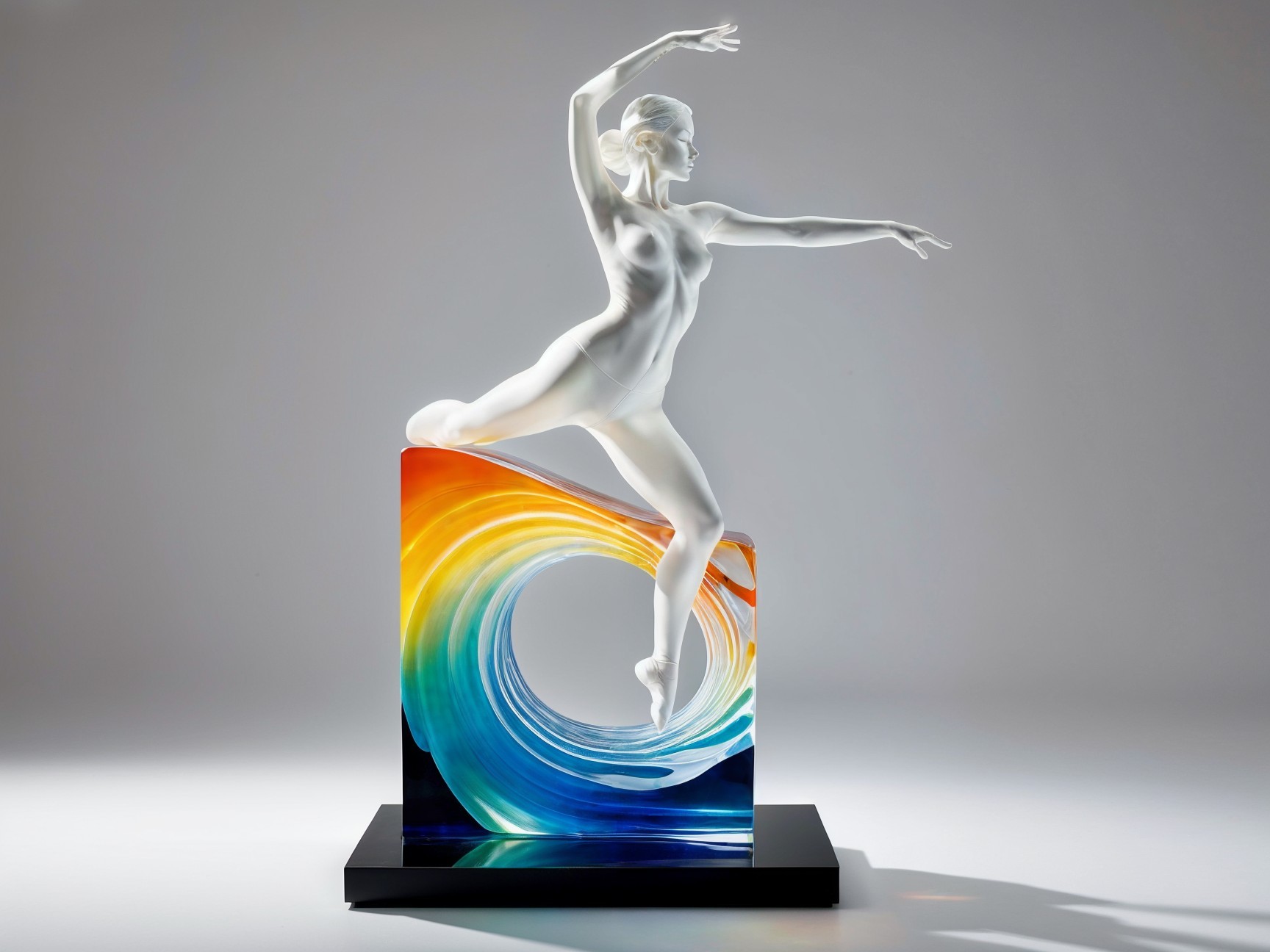 Sculpture of Dancer on Vibrant Swirling Wave