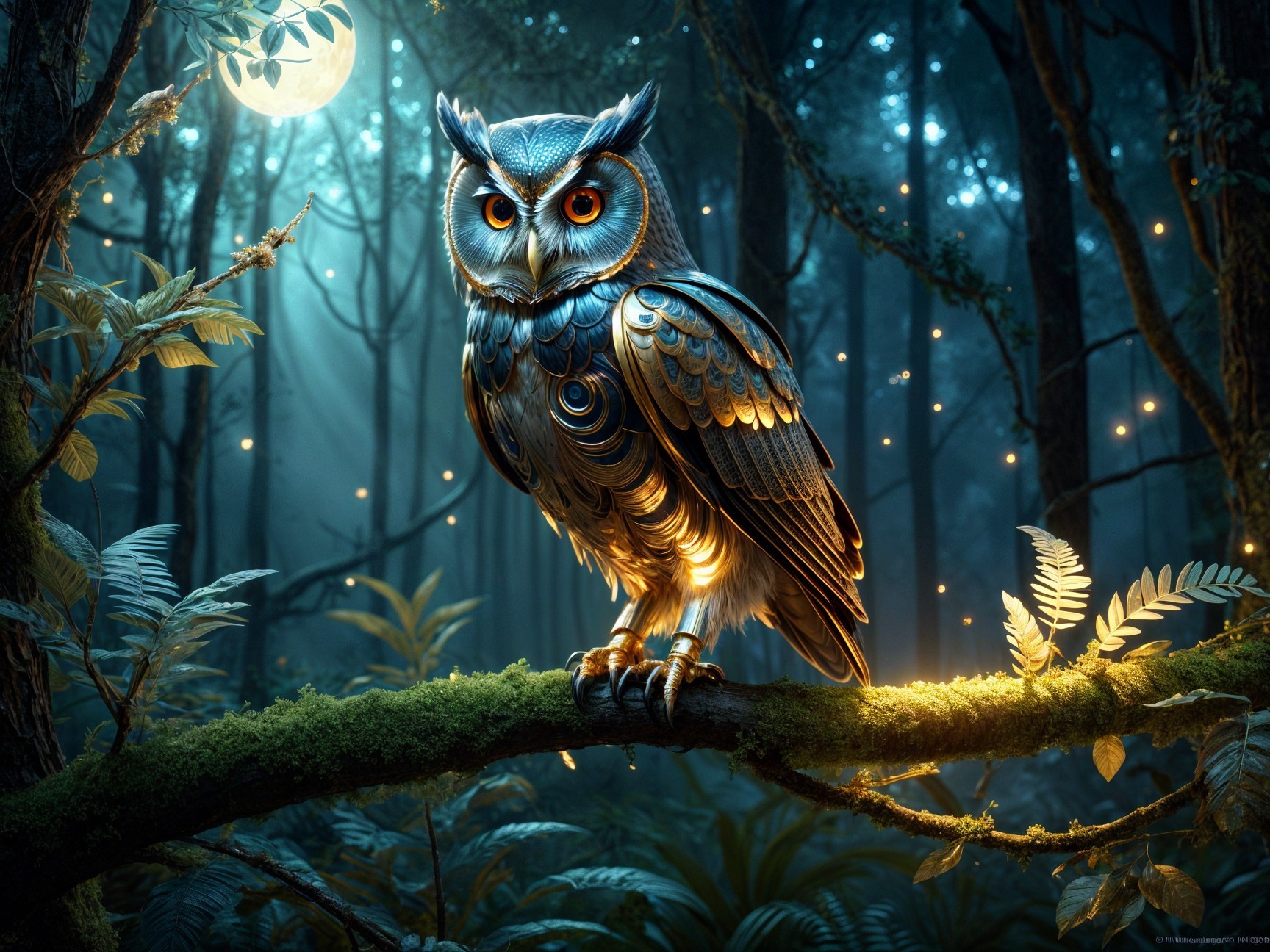 Owl in Moonlit Forest with Ethereal Fireflies