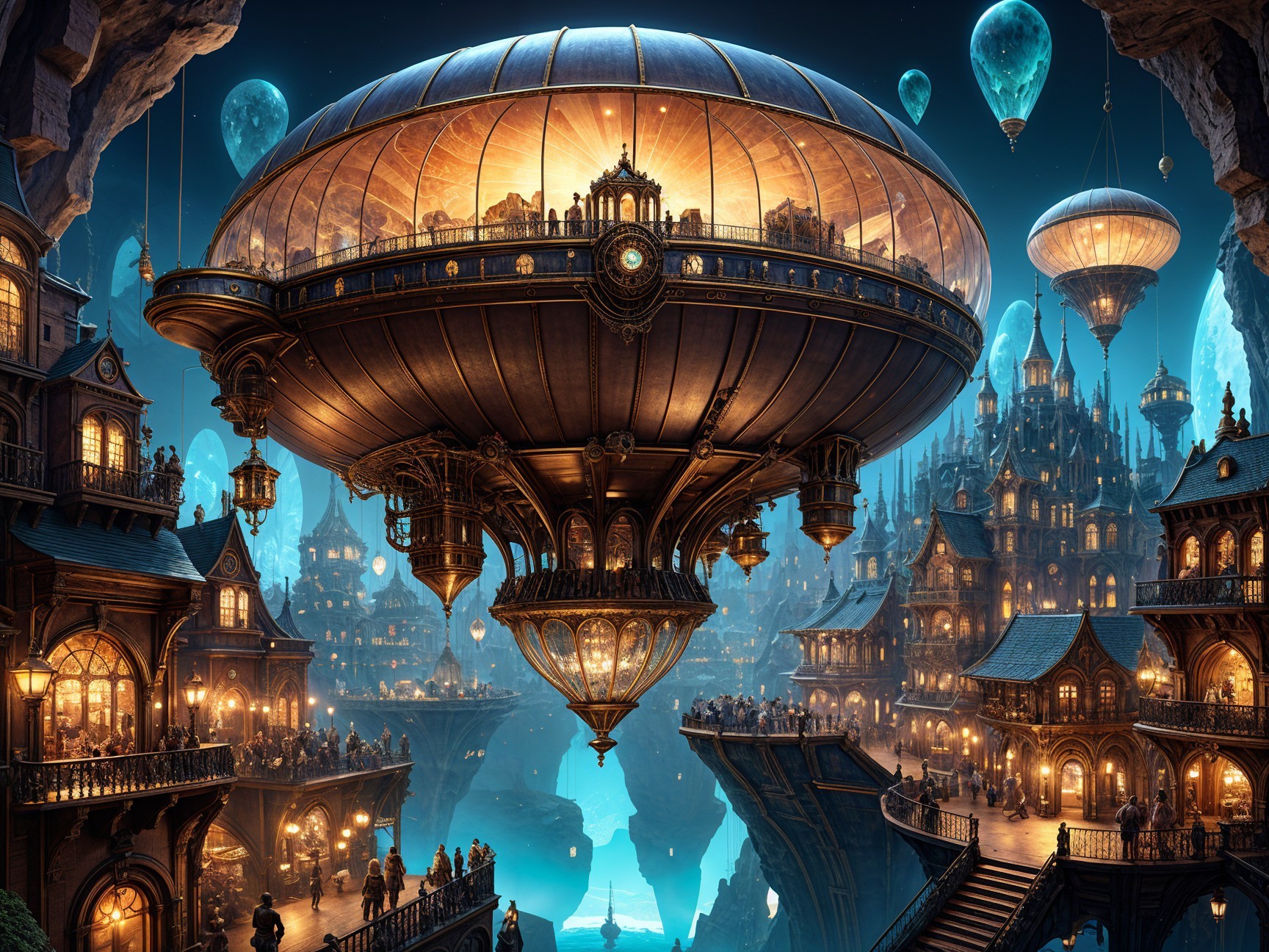 Steampunk City Above Luminous Blue Abyss