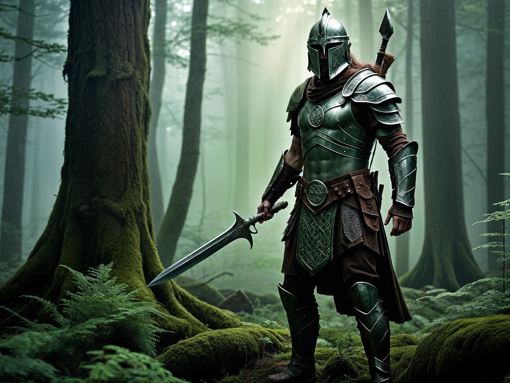 Warrior in Silver Armor in a Misty Forest Setting
