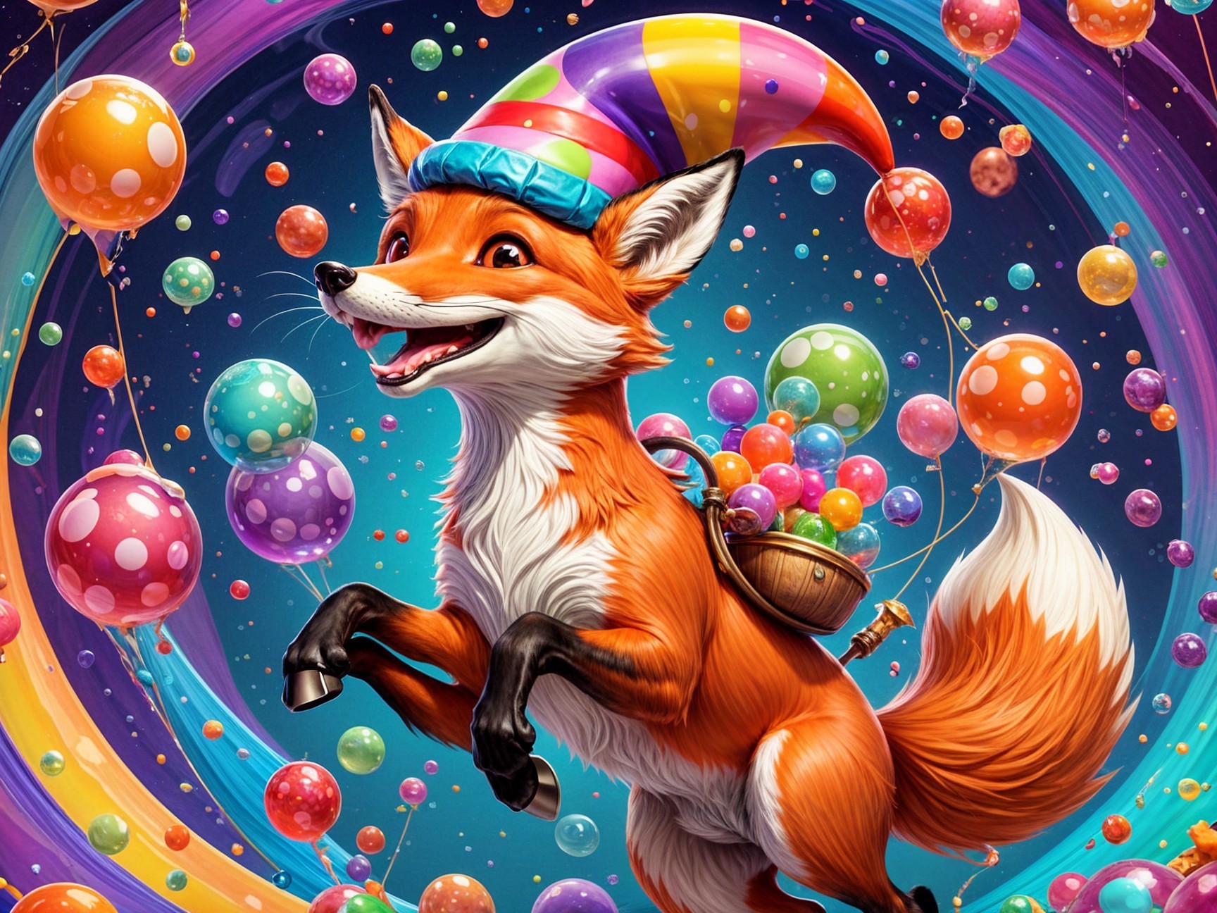 Cheerful fox in party hat with gumball basket