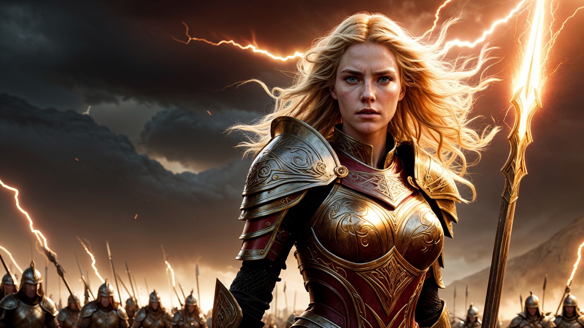 Warrior in Golden Armor Amidst Stormy Battlefield