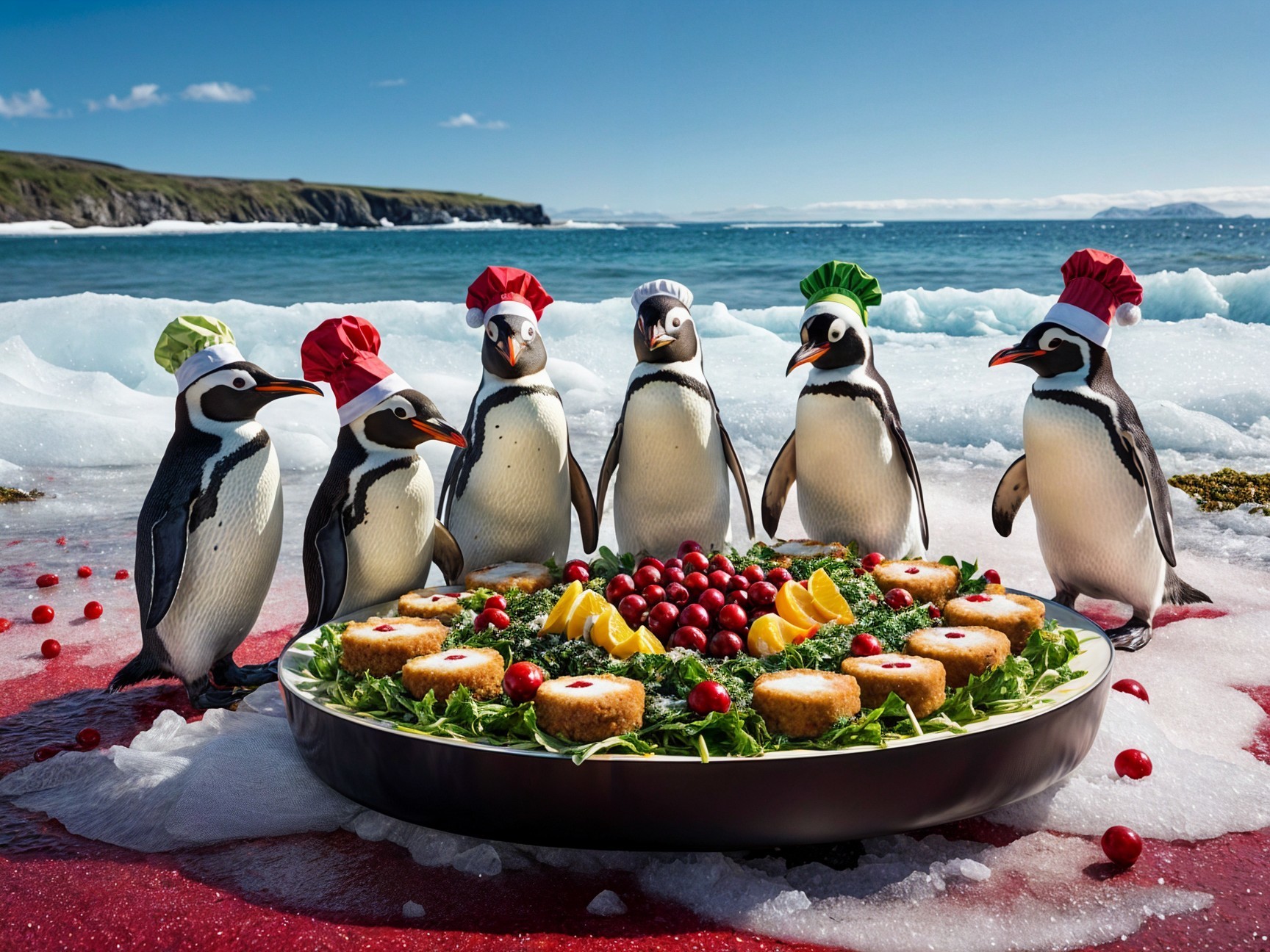 Penguins in Chef Hats at a Festive Food Display